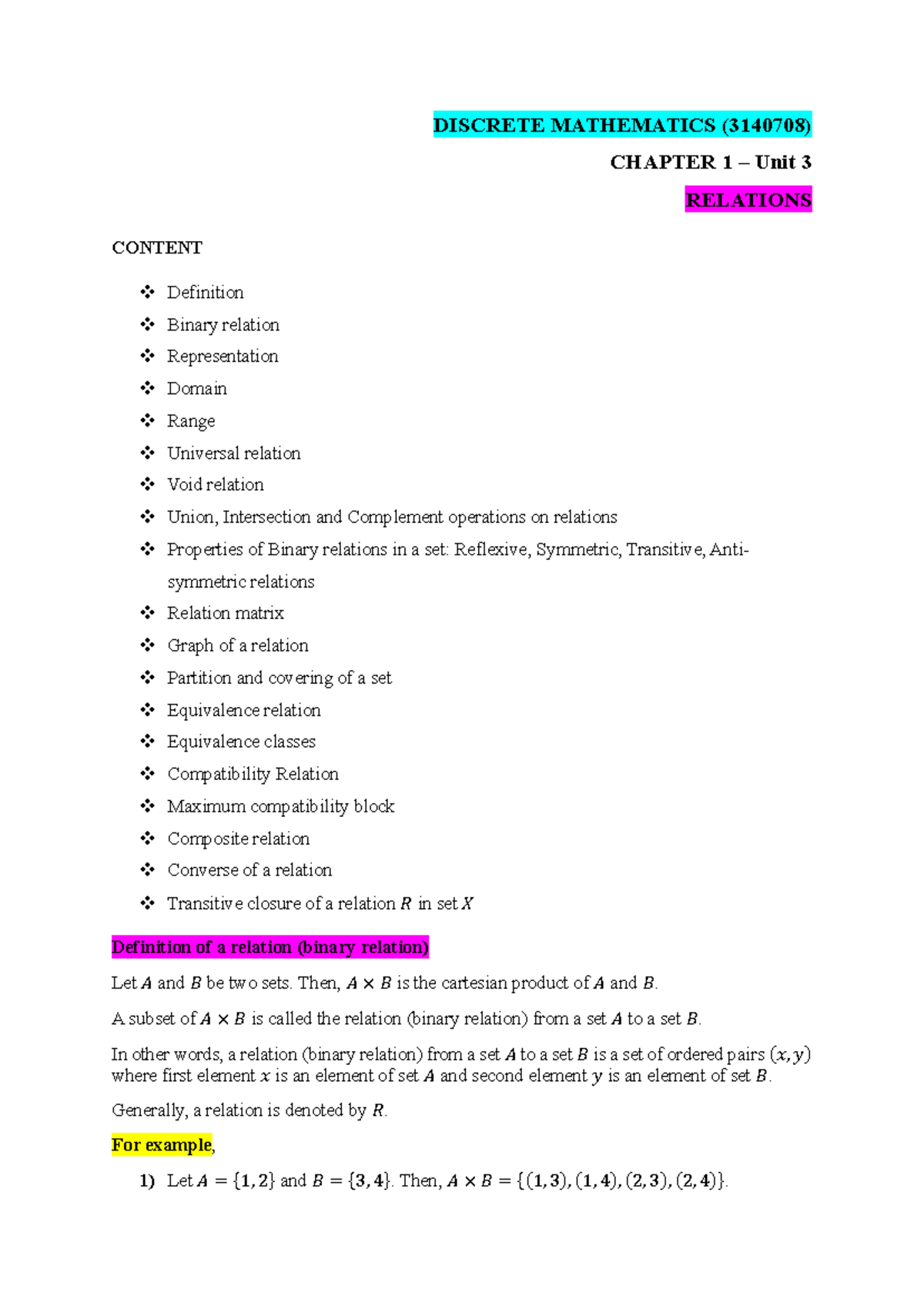 Relations - Chapter 1 - Unit 3 - DISCRETE MATHEMATICS (3140708) CHAPTER ...