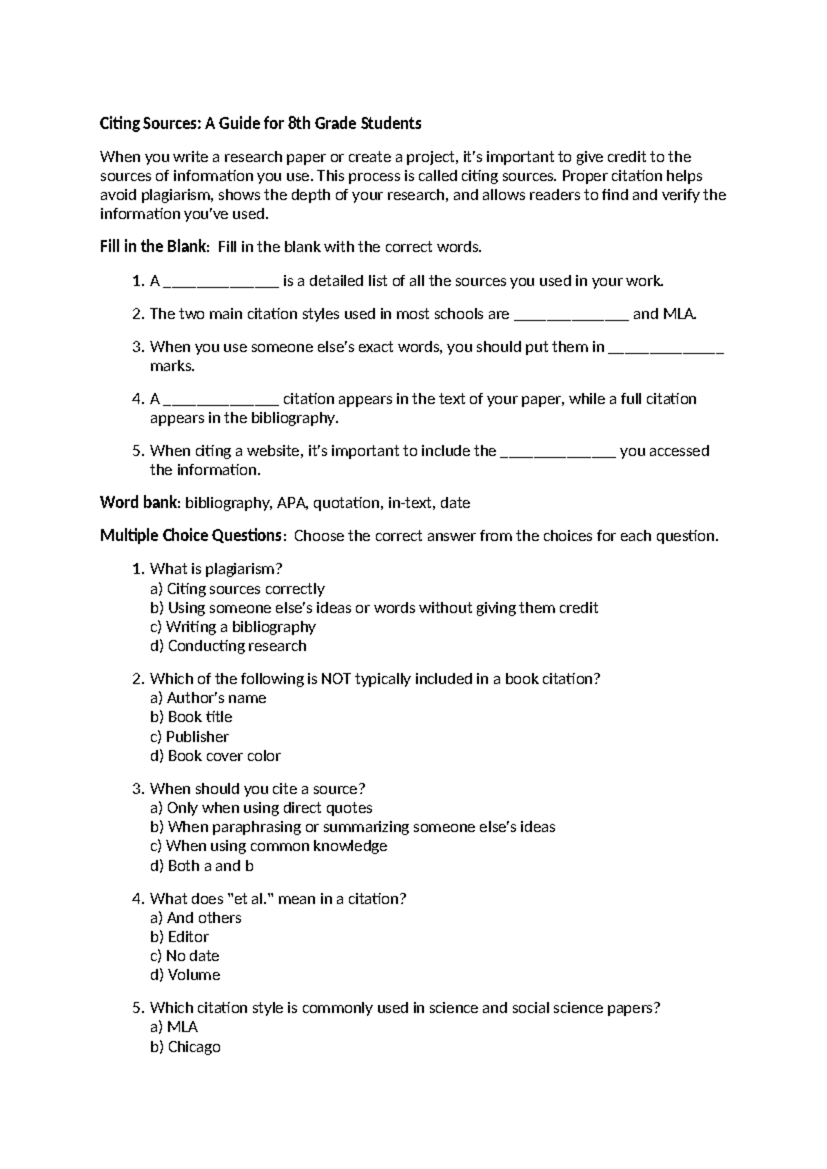 Citing sources mixed 2 - notes - Citing Sources: A Guide for 8th Grade ...