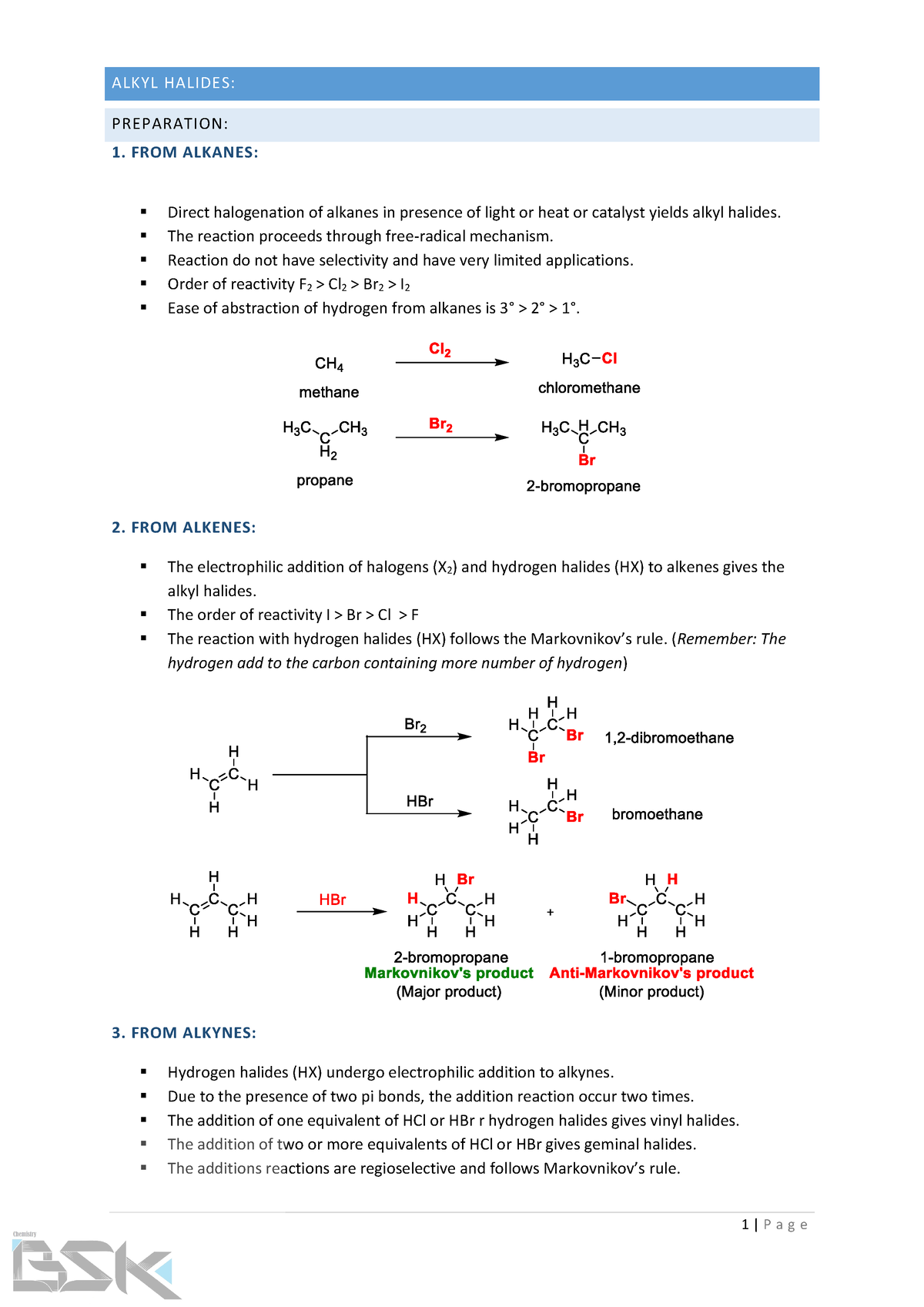 Alkyl Halides - notes (04 - ALKYL HALIDES: PREPARATION: 1. FROM ALKANES ...