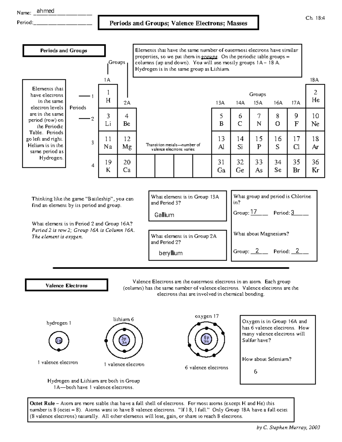 Periods and Groups; Valence Electrons; M,asses - Ch. 18: Name ...