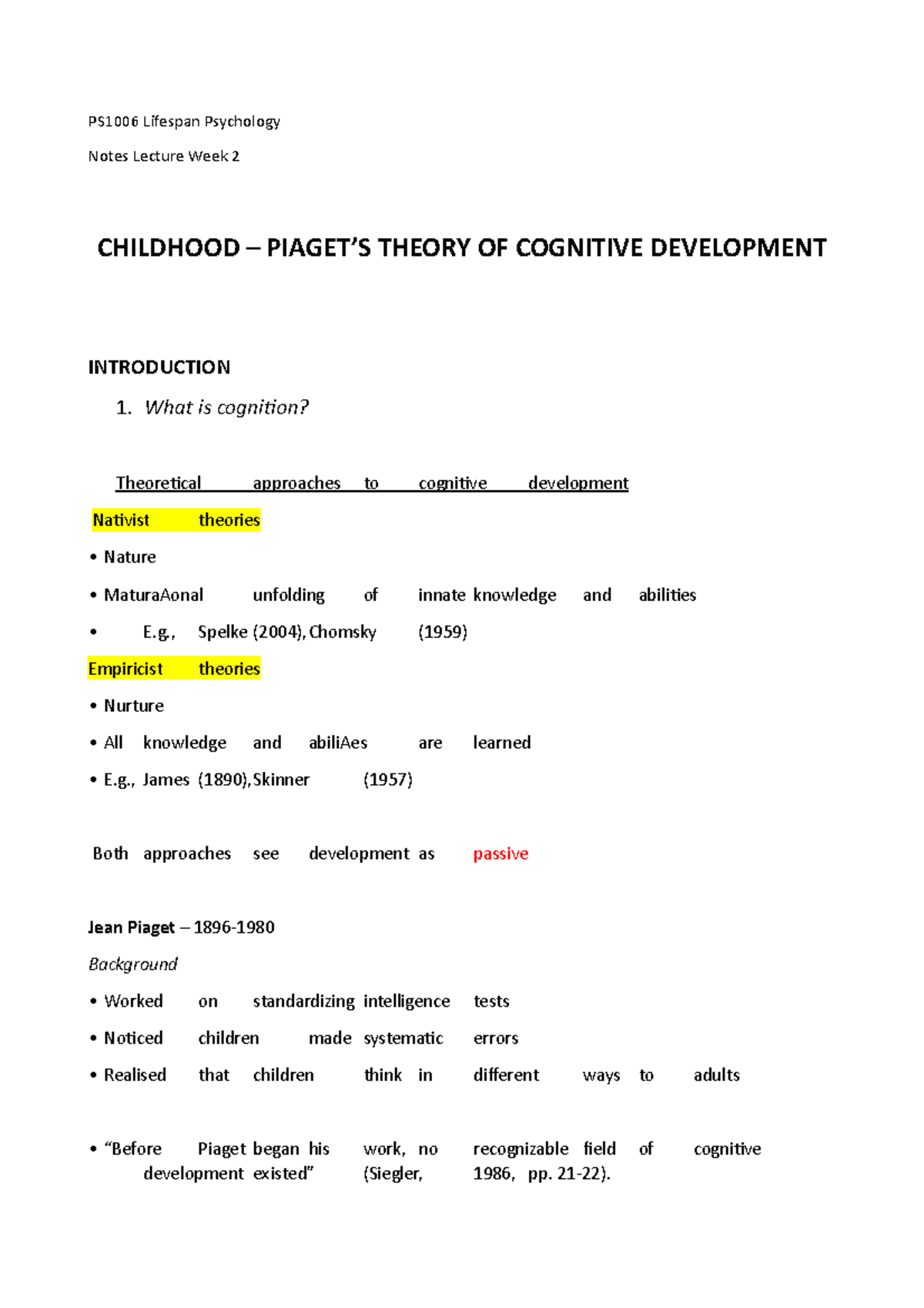 Childhood - Piaget's theory of development - PS1006 Lifespan Psychology ...
