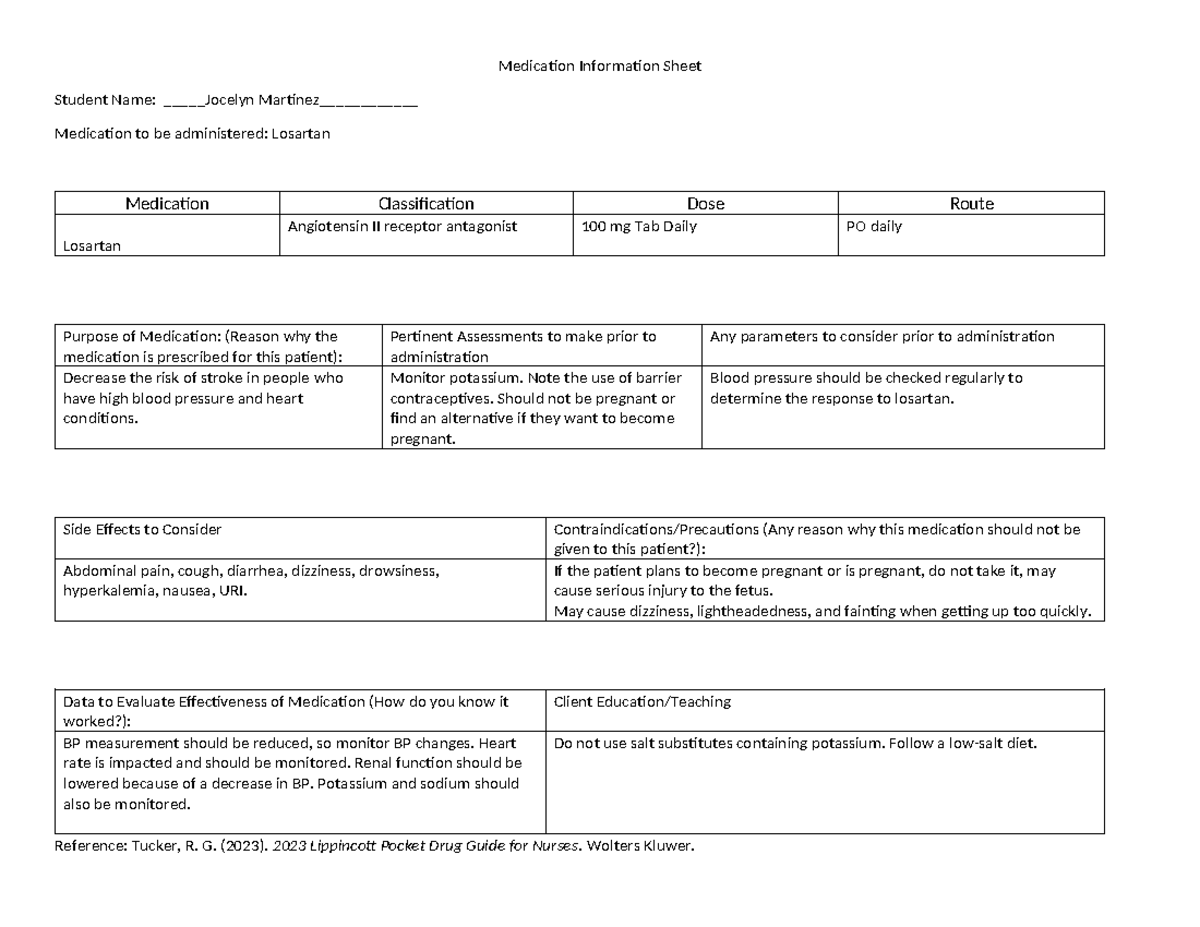 Medication Information Sheet Losartan - Medication Information Sheet ...