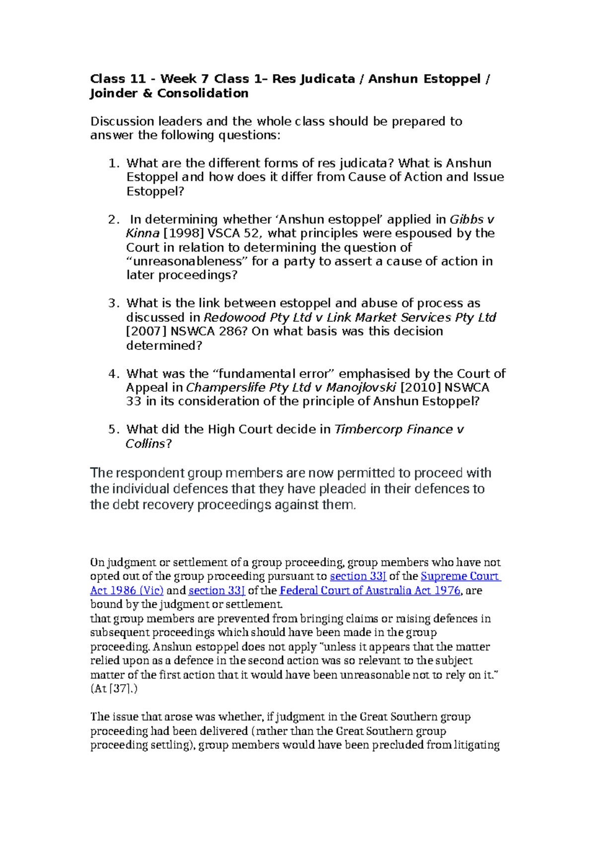 Class 11- Week 7 Class 1 Answers Res Judicata Anshun Estoppel - Class ...