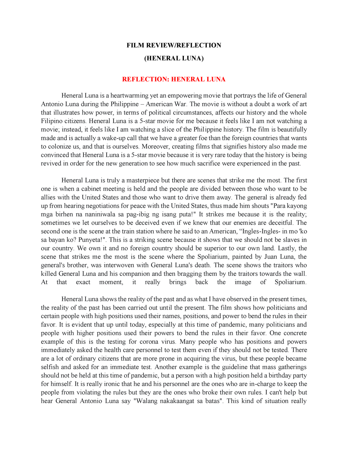 reaction paper about heneral luna movie review