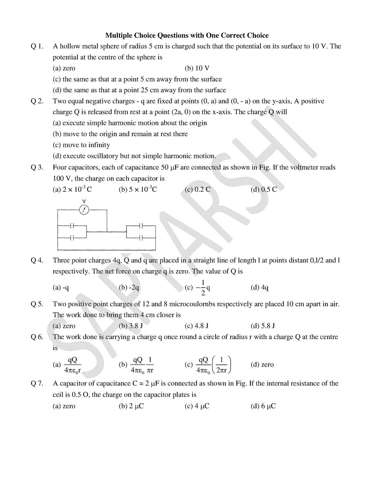 Electrostatics-MCQ - Mcqs for emf - Multiple Choice Questions with One ...