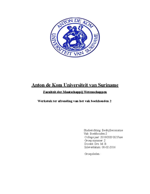 Boekhouden Werkstuk Anton De Kom Universiteit Van Suriname Faculteit Der Maatschappij Studocu