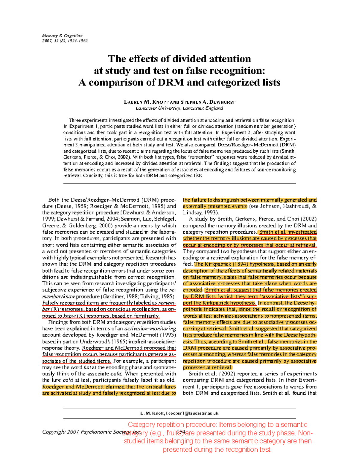 Knott-Dewhurst 2007 Article The Effects Of Divided Attention At ...