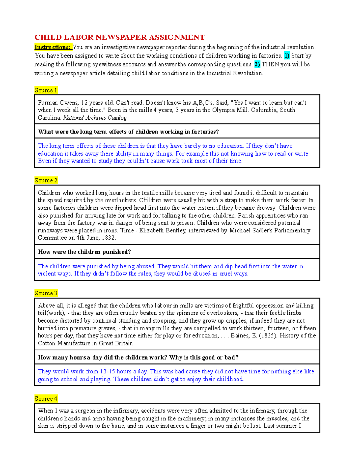 extra child labor newspaper assignment answers