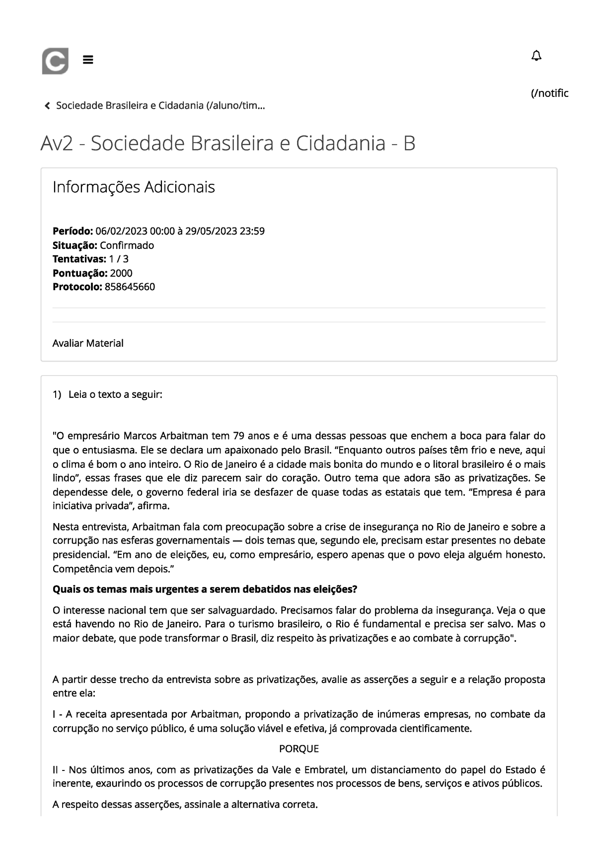 Av2 - Sociedade Brasileira E Cidadania - B - Studocu