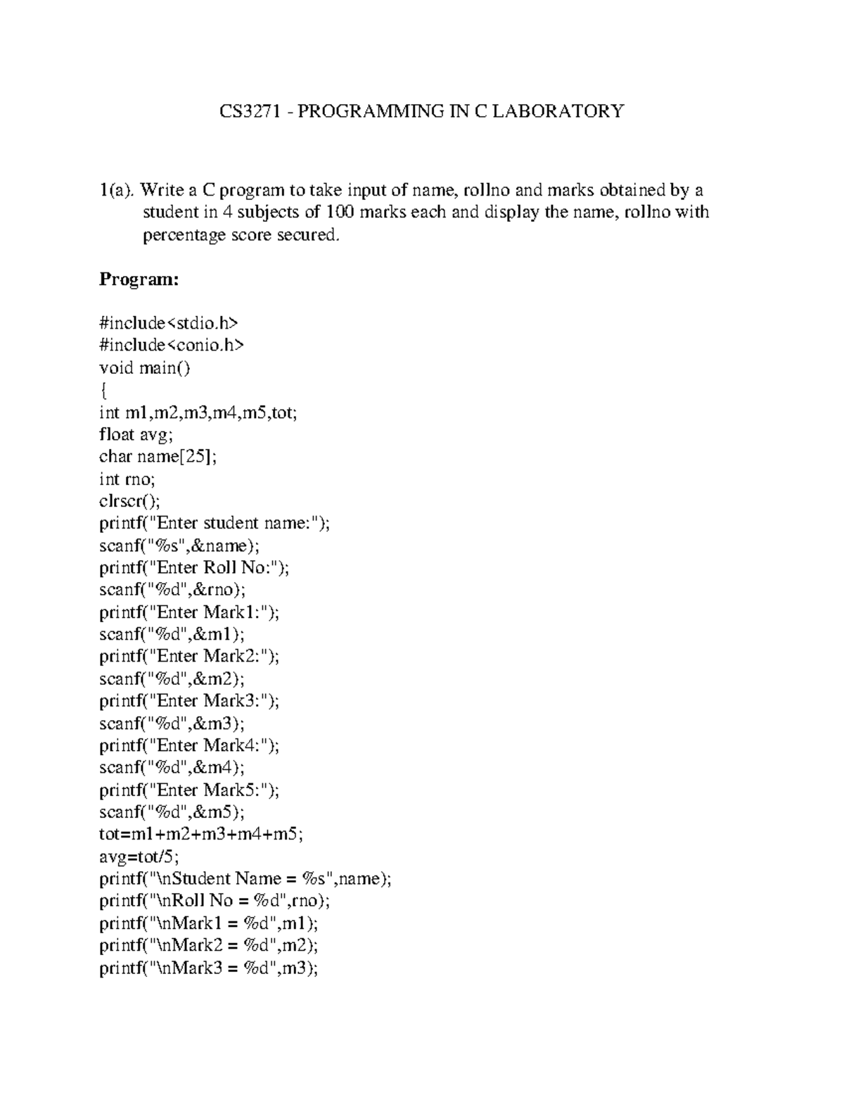 Exp1 Cp Lab Cs3271 Programming In C Laboratory 1a Write A C Program To Take Input Of 4751