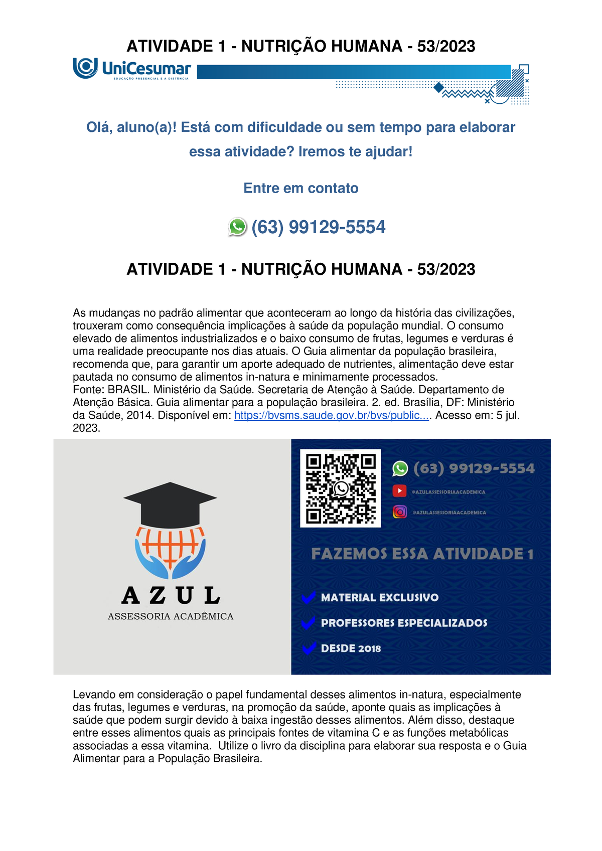 Atividade 1 - Nutrição Humana - 53/2023 - ATIVIDADE 1 - NUTRIÇÃO HUMANA ...