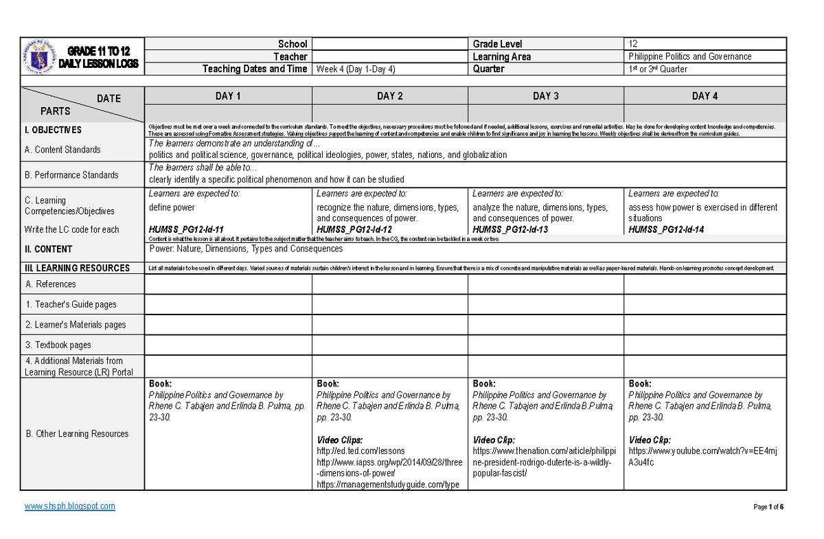 PPG Week d - Power - PPG Q1 DLL - School Grade Level 12 Teacher ...
