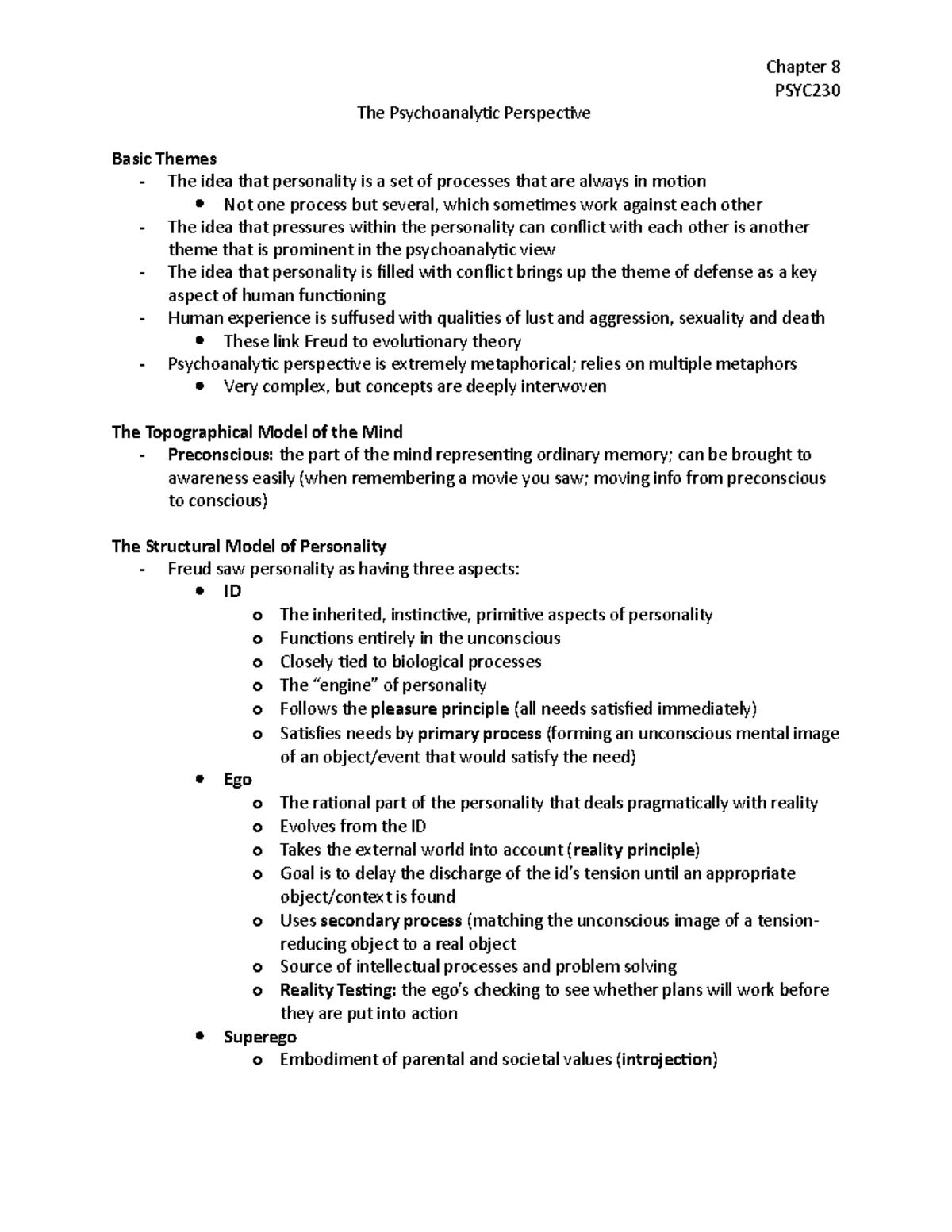 Chapter 8 - Summary Perspectives on Personality - PSYC The ...