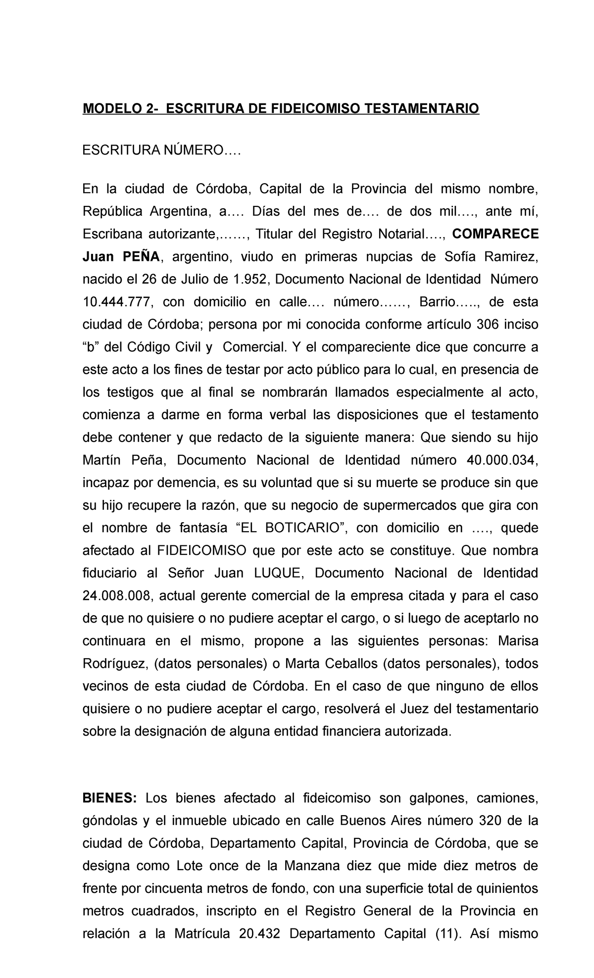 Modelo Escritura Fideicomiso Testamentario Modelo Escritura De Fideicomiso Testamentario