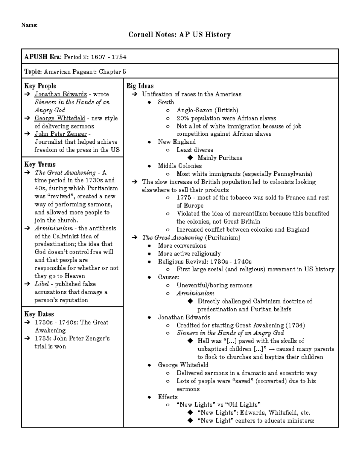 Apush: Cornell Notes - Period 2 (Chapter 5) - Name: Cornell Notes: AP ...