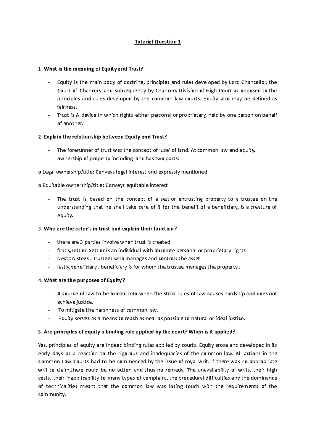 Equity AND Trust - Notes - Tutorial Question 1 What is the meaning of ...