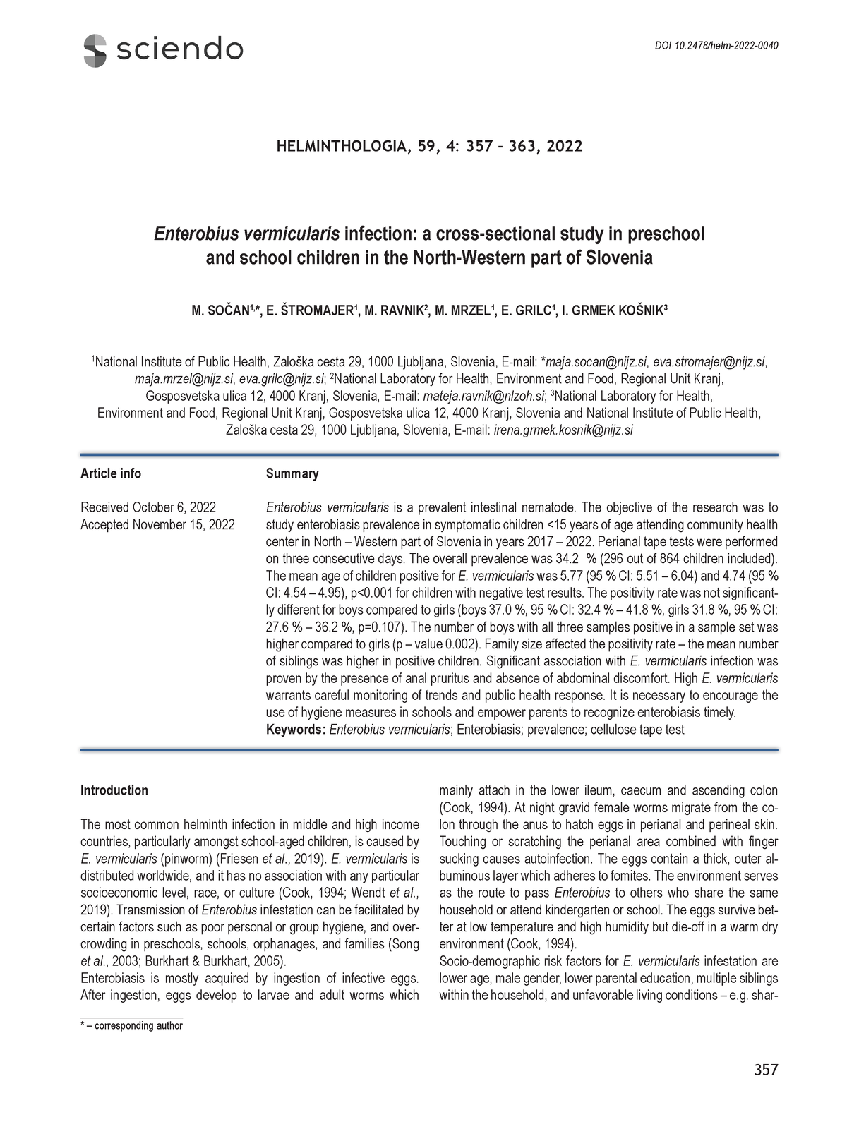 Articulo+ Parasitologia - DOI 10/helm-2022- HELMINTHOLOGIA, 59, 4: 357 ...