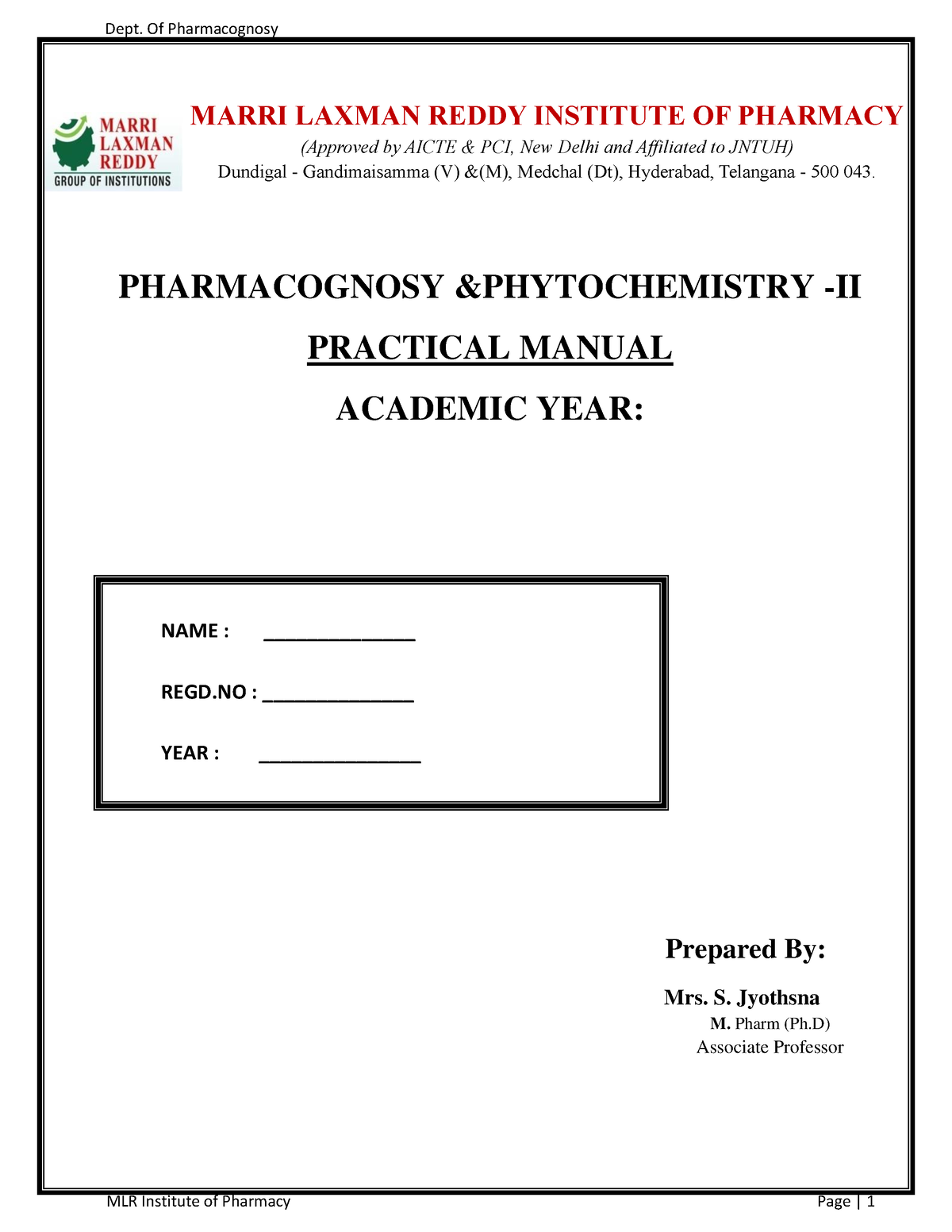 Pharmacognosy Phytochemistry II LAB Manual - Dept. Of Pharmacognosy MLR ...