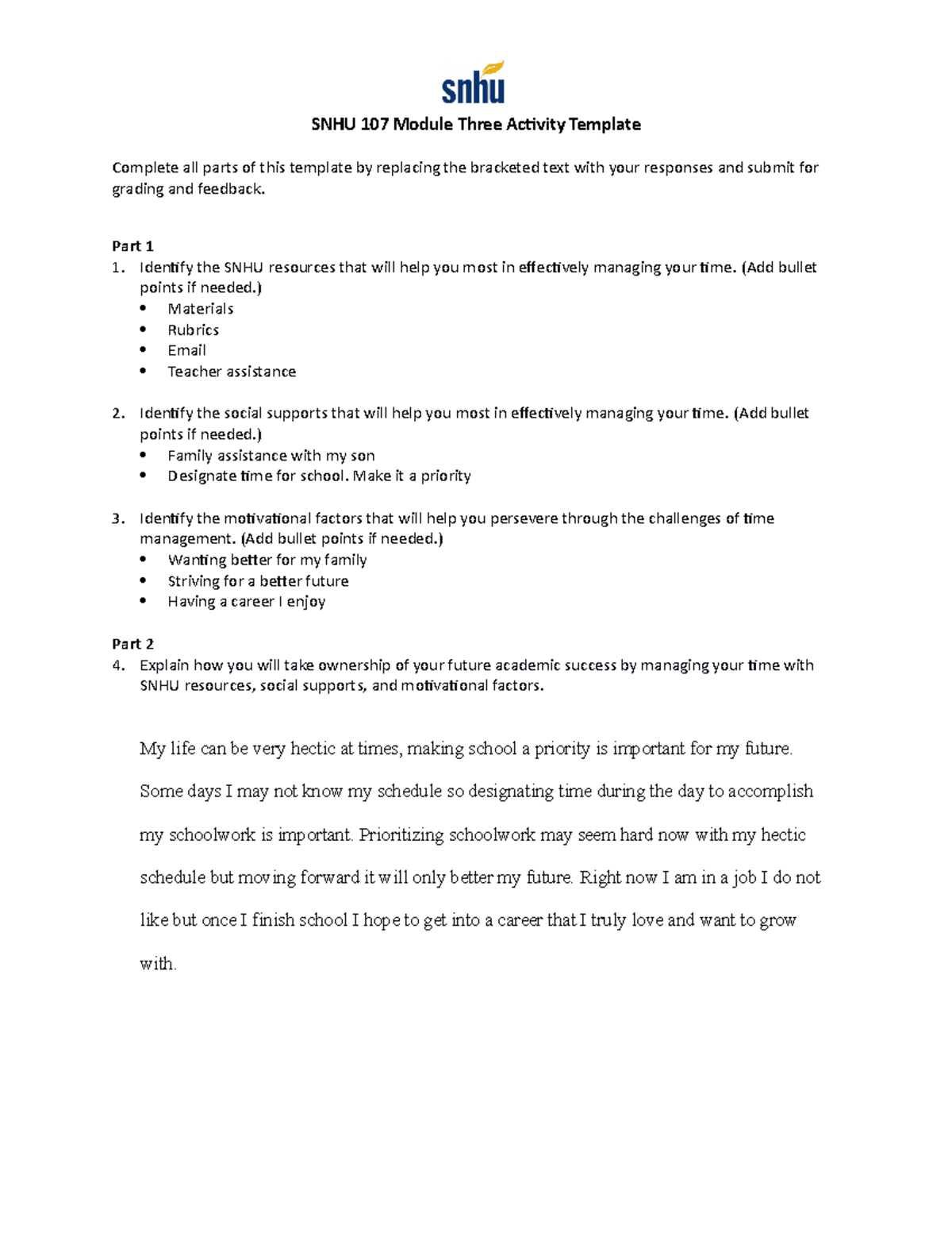 SNHU 107 Module Three Activity - Part 1 Identify the SNHU resources ...