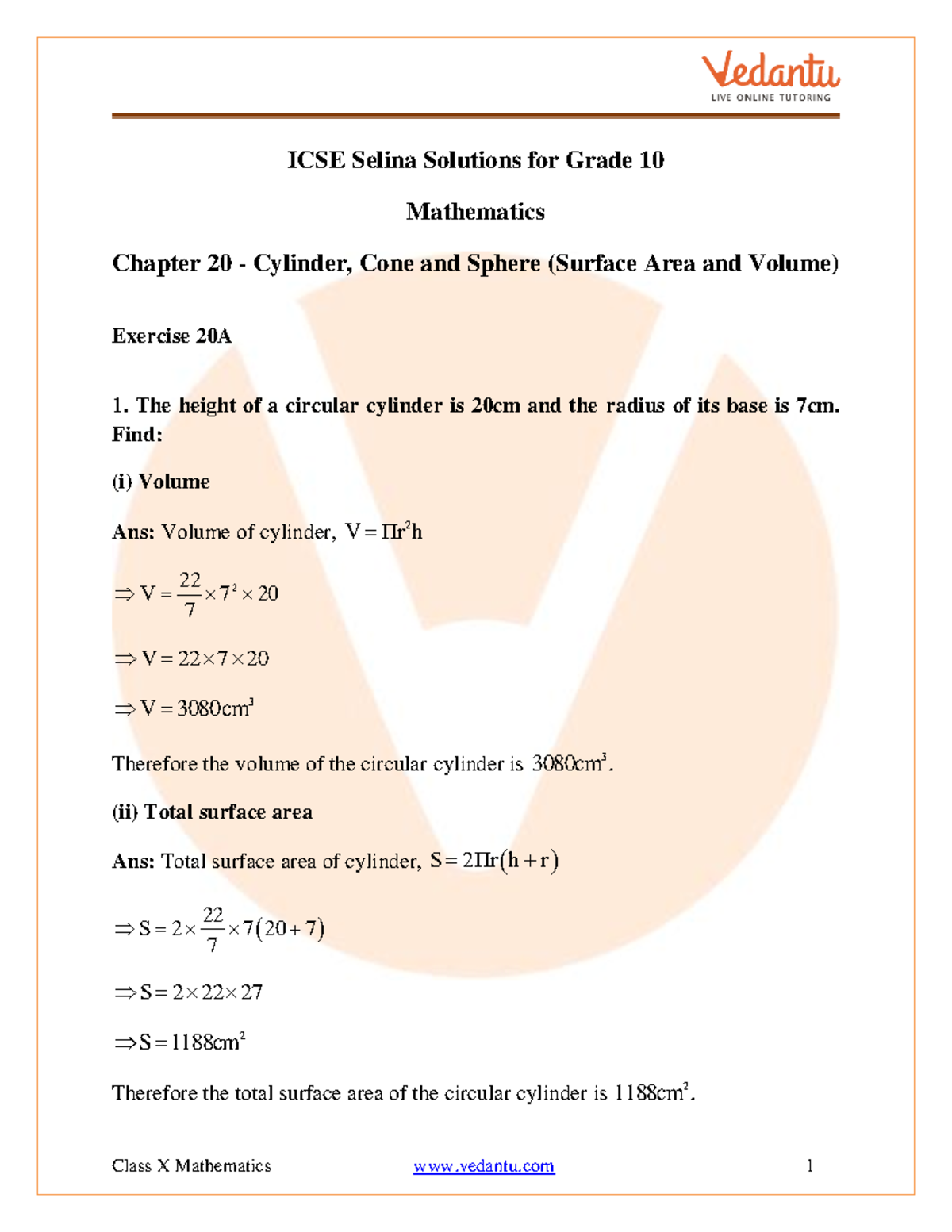 Selina Concise Mathematics Class 10 ICSE Solutions for Chapter 20 Cylinder, Cone and Sphere