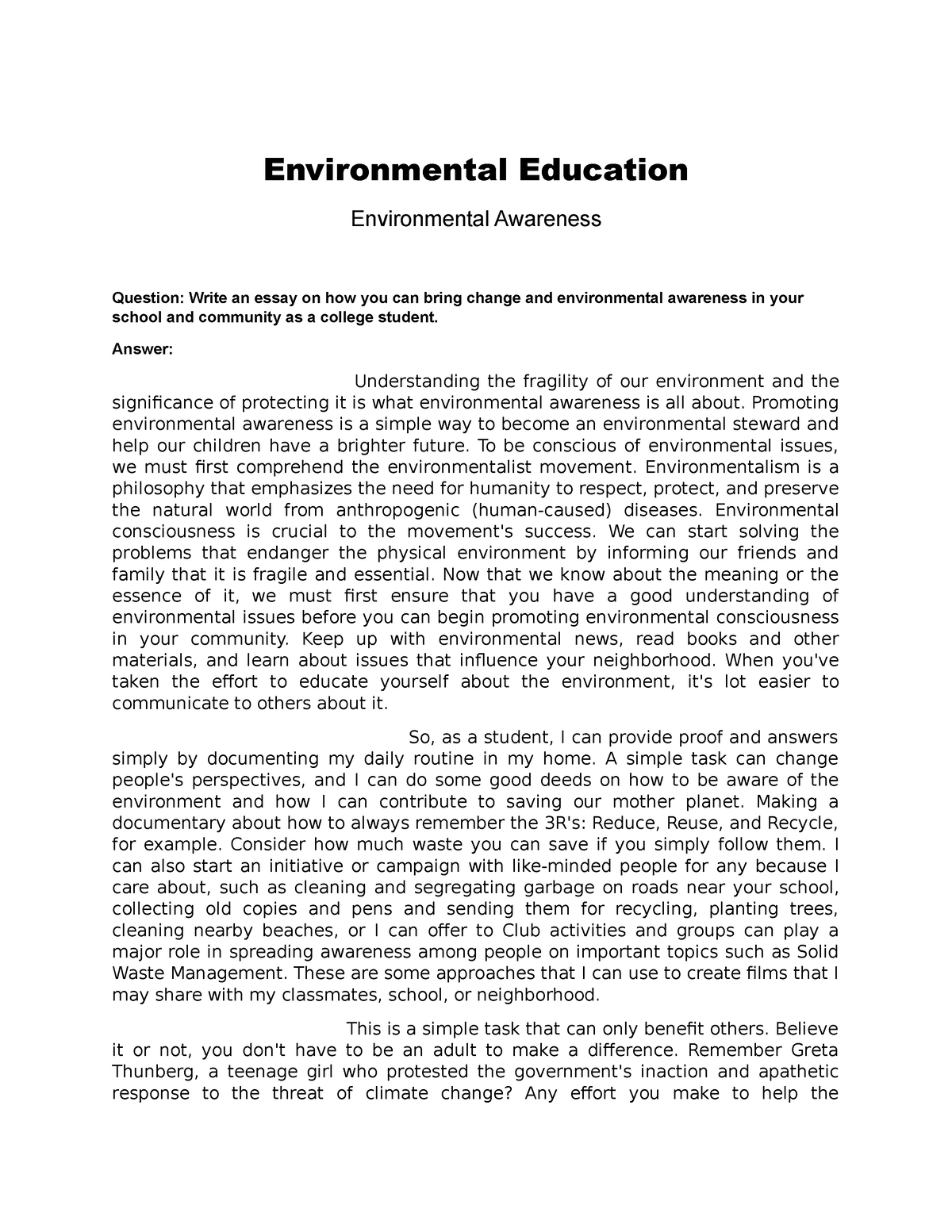 environmental awareness essay 400 words