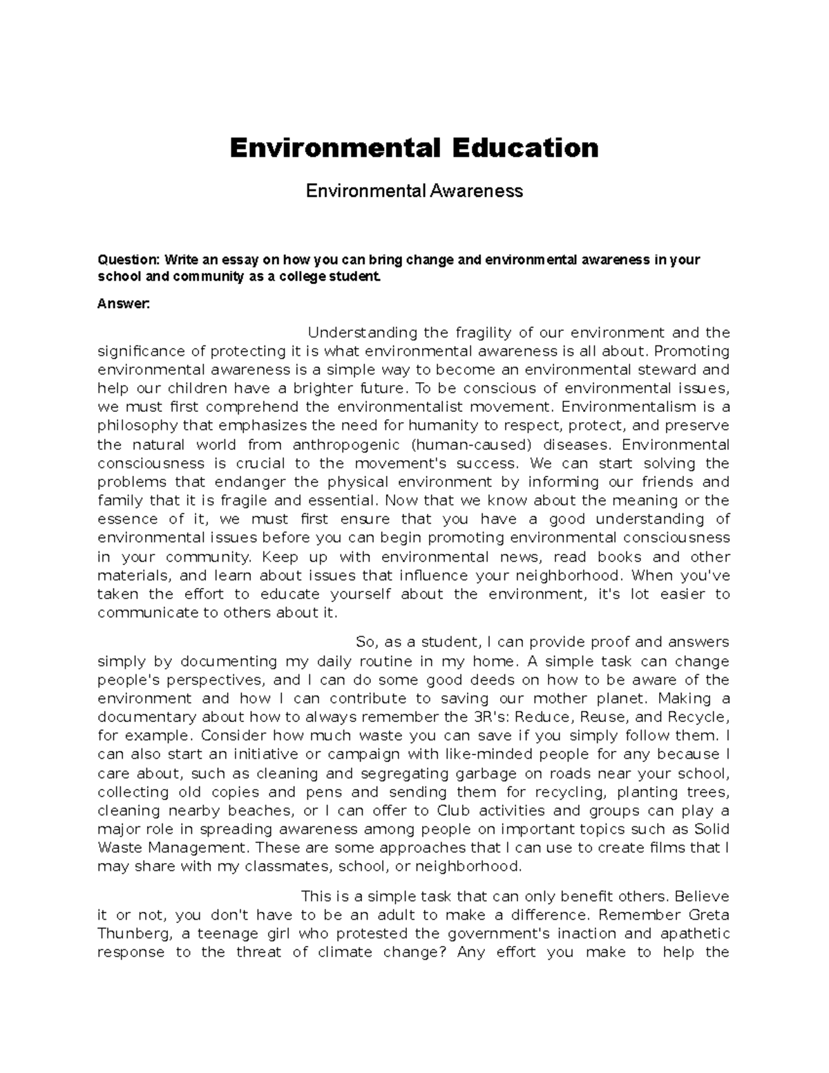 environmental awareness research paper topics