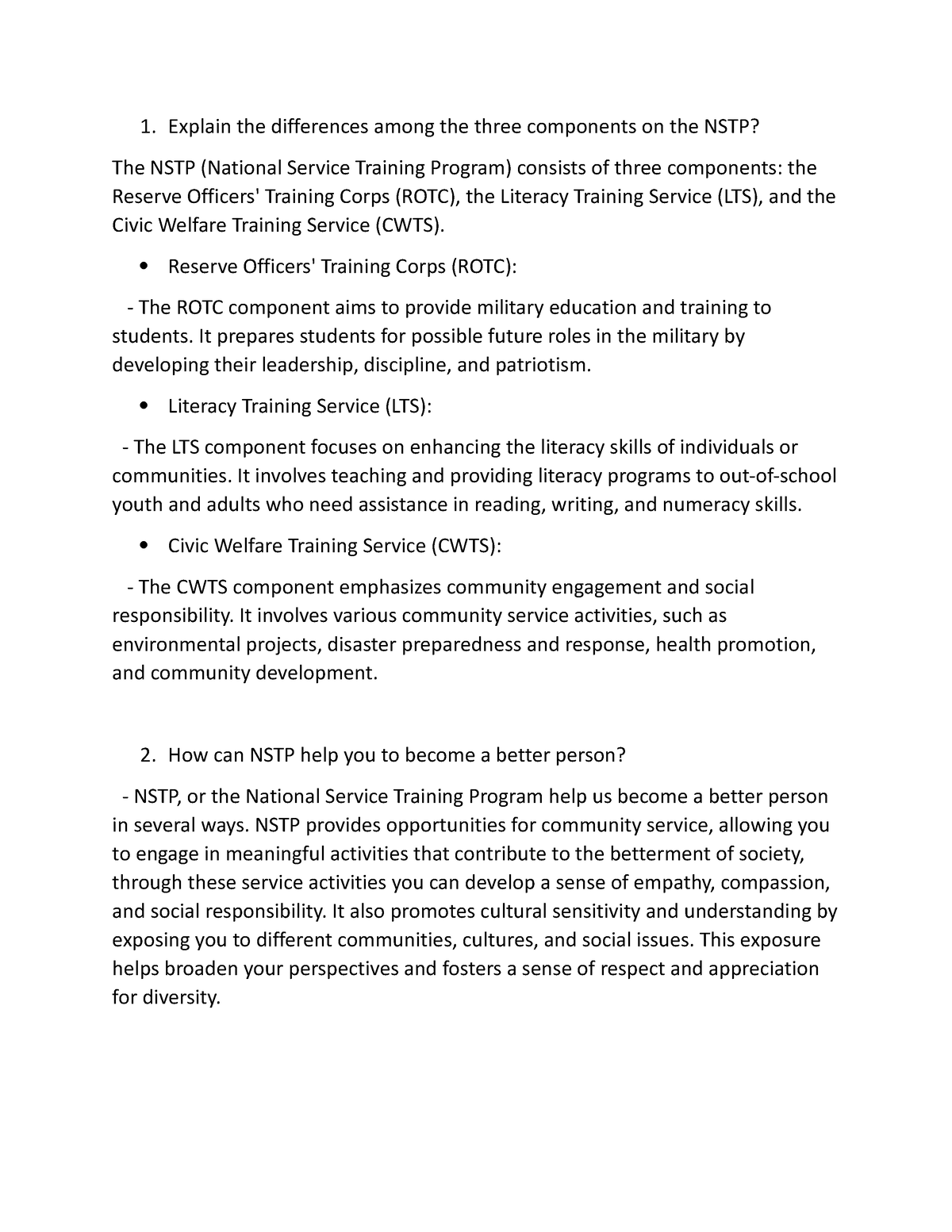 Nstp - Nstp Contex - Explain The Differences Among The Three Components ...