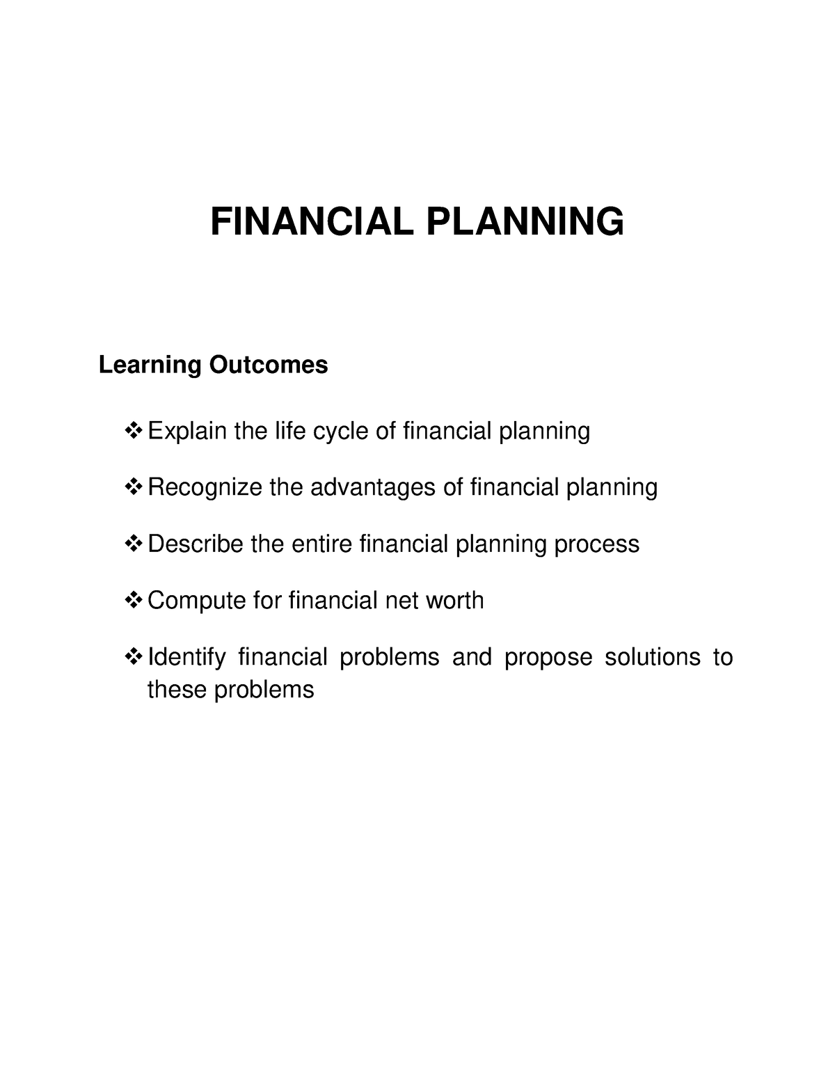 Financial Planning - Bzbs - FINANCIAL PLANNING Lear Ning Out C O Mes ...