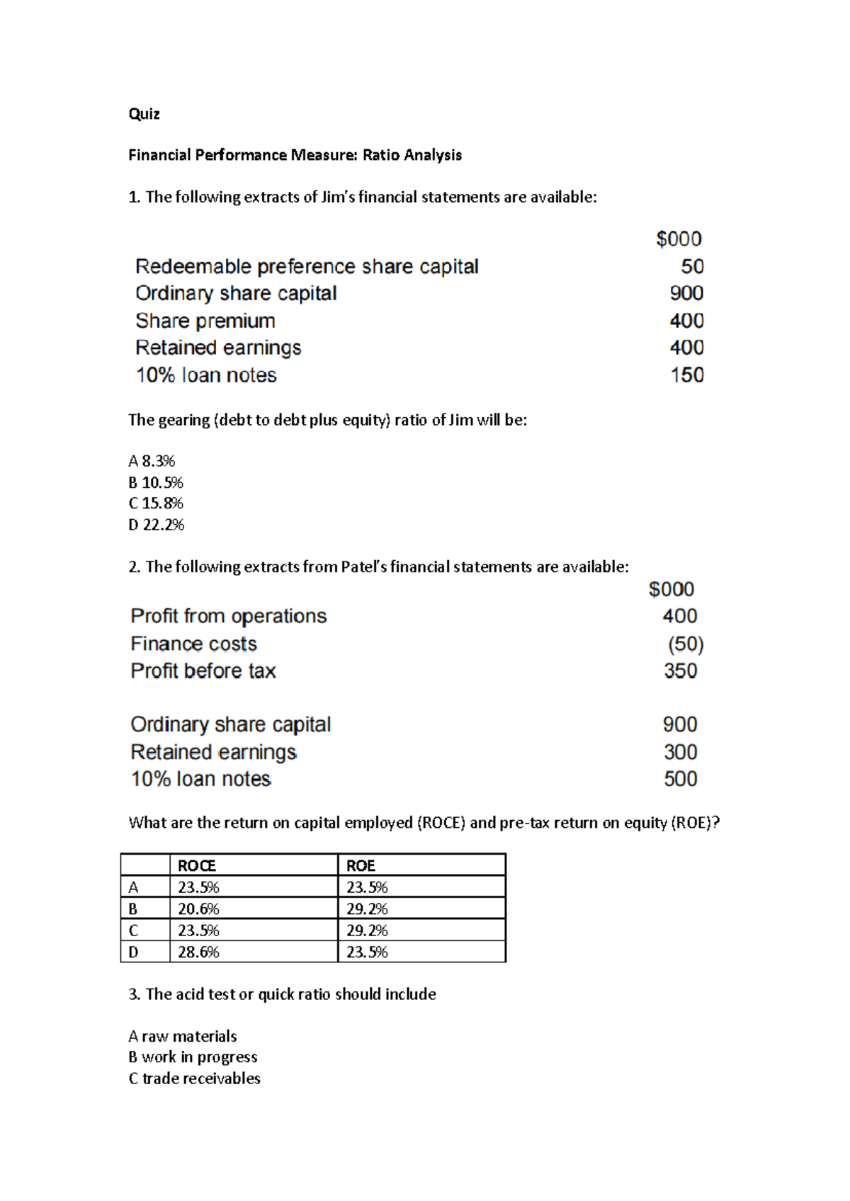Quiz Ratio Analysis - Quiz Financial Performance Measure: Ratio ...