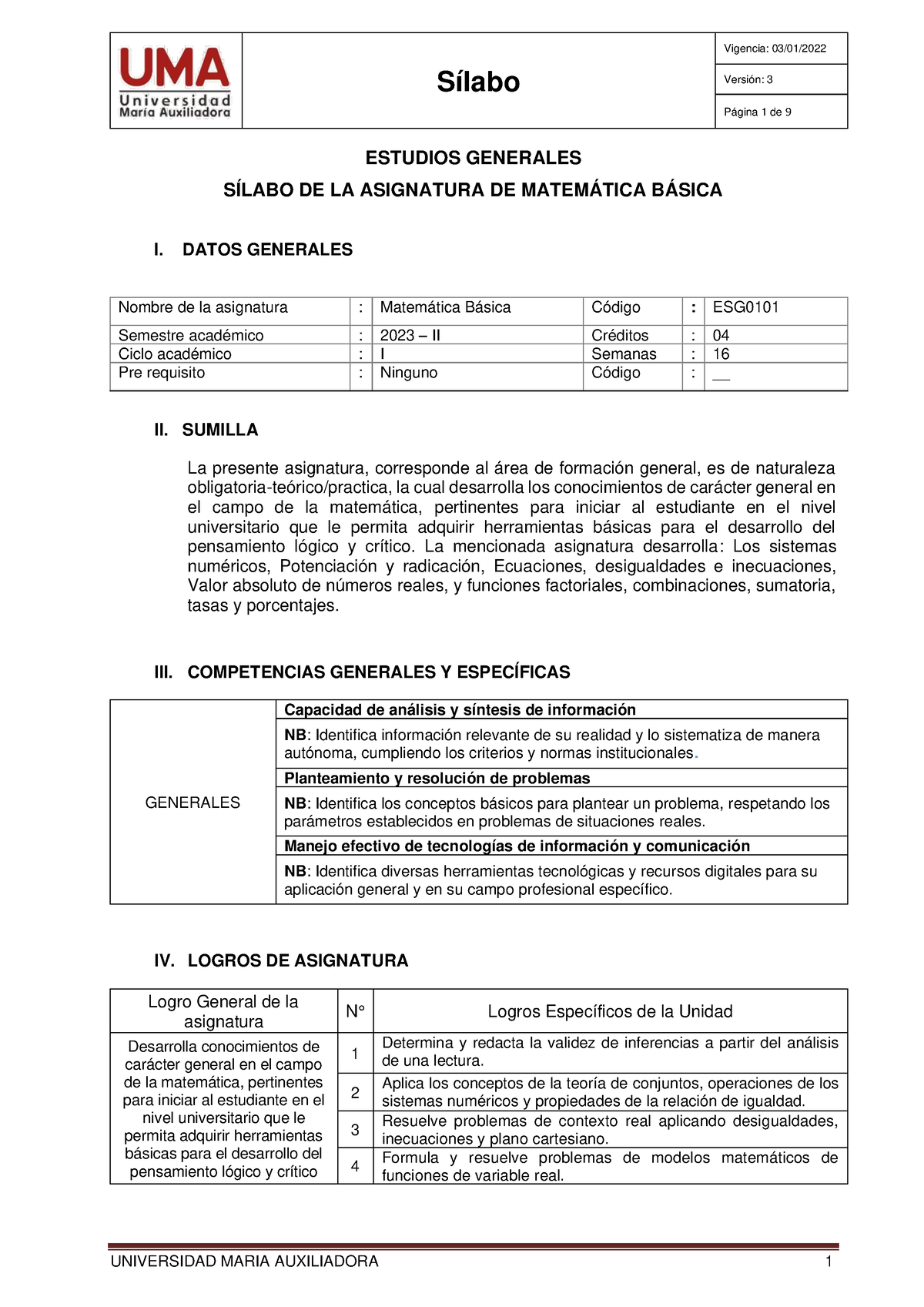 Sílabo Matemática Básica - Sílabo Versión: 3 Página 1 De 9 ESTUDIOS ...