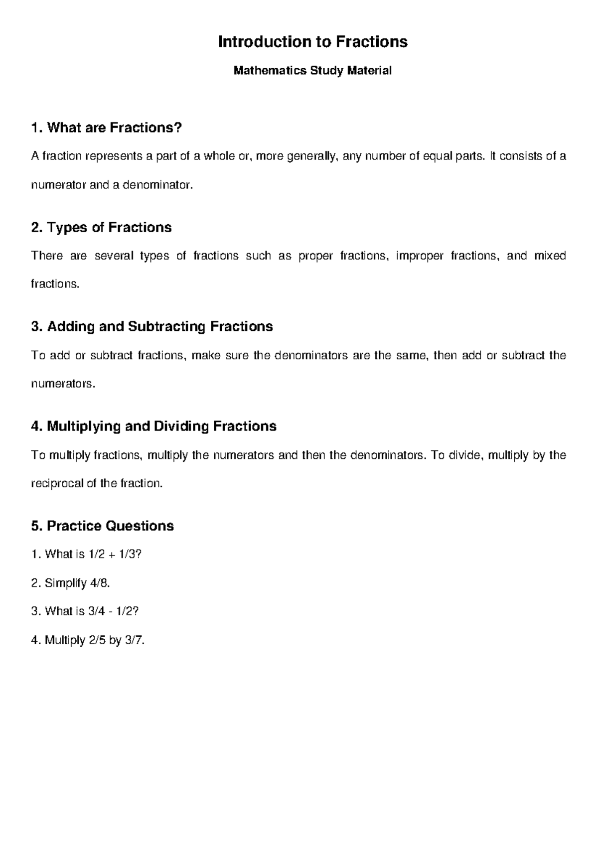 Mathematics Introduction to Fractions - Introduction to Fractions ...