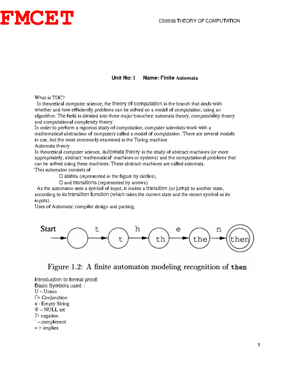 CS6503(R-13) uw - TOC Notes - Unit No: I Name: Finite Automata What is ...
