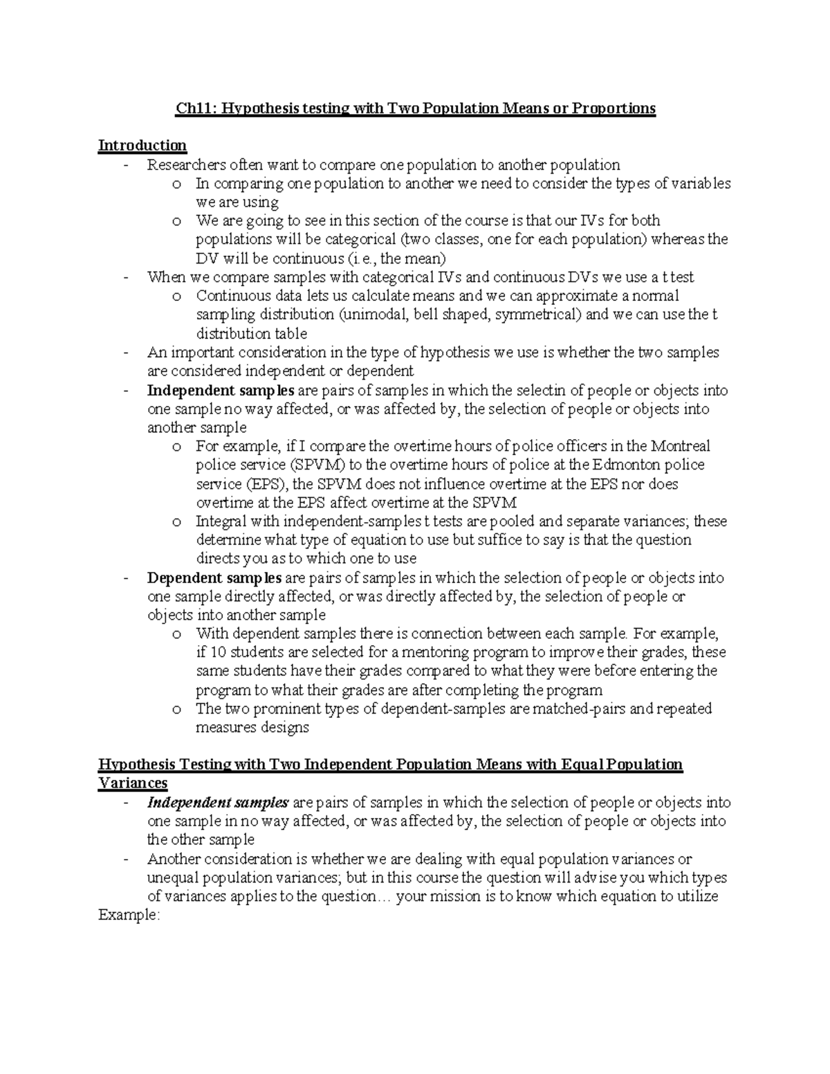 CC327 Ch11 - n/a - Ch11: Hypothesis testing with Two Population Means or  Proportions Introduction - - Studocu
