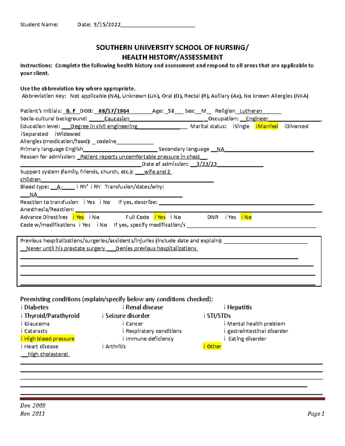 nursing assessment medical history