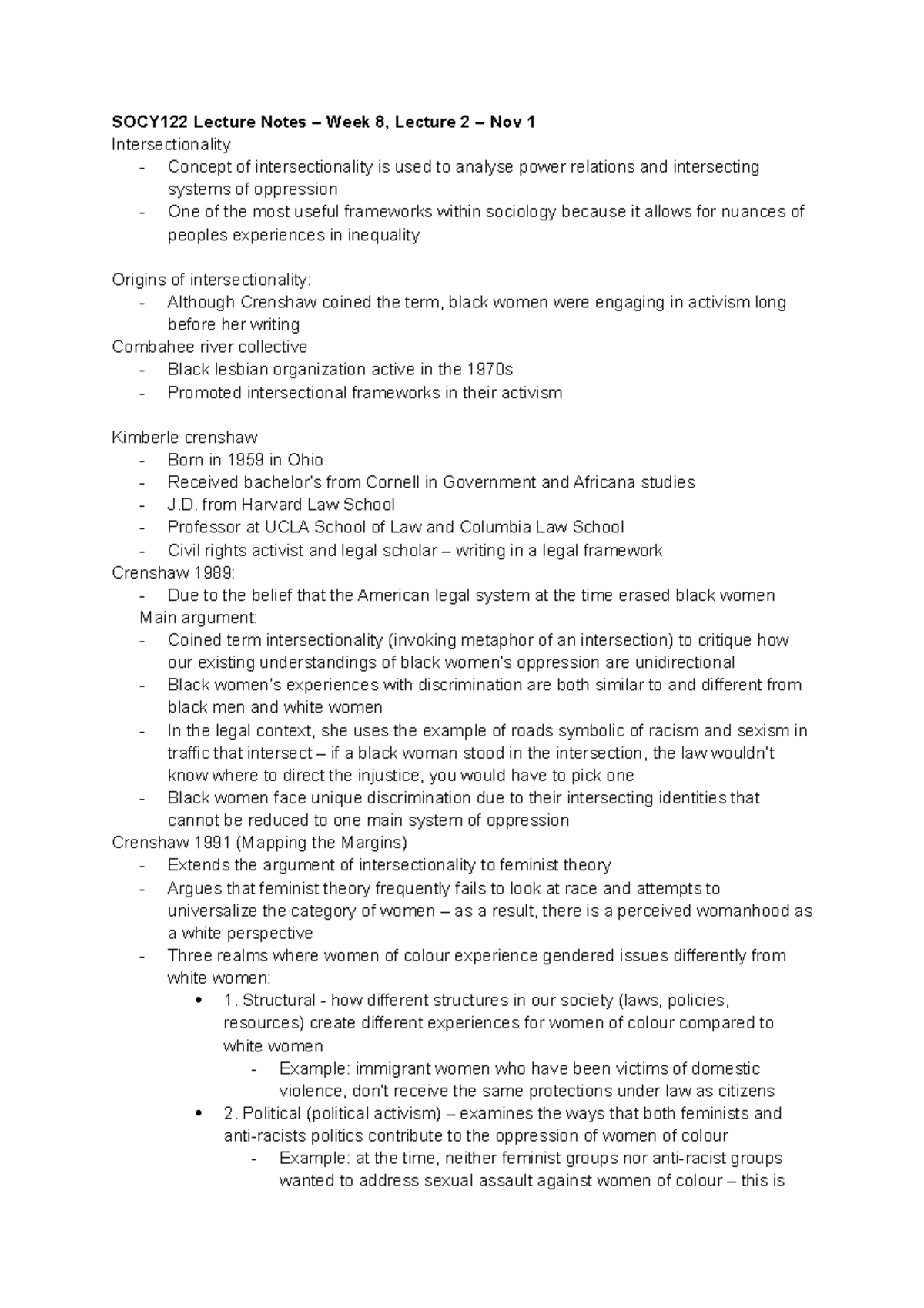 Class notes SOCY 122 Introduction to Sociology FW23 24 20231101 ...
