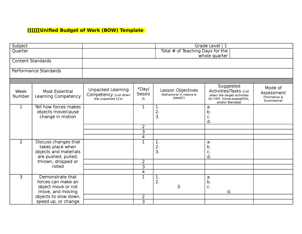 Template BOW Science-1 Q3 - [[[[[[Uni昀椀ed Budget of Work (BOW) Template ...