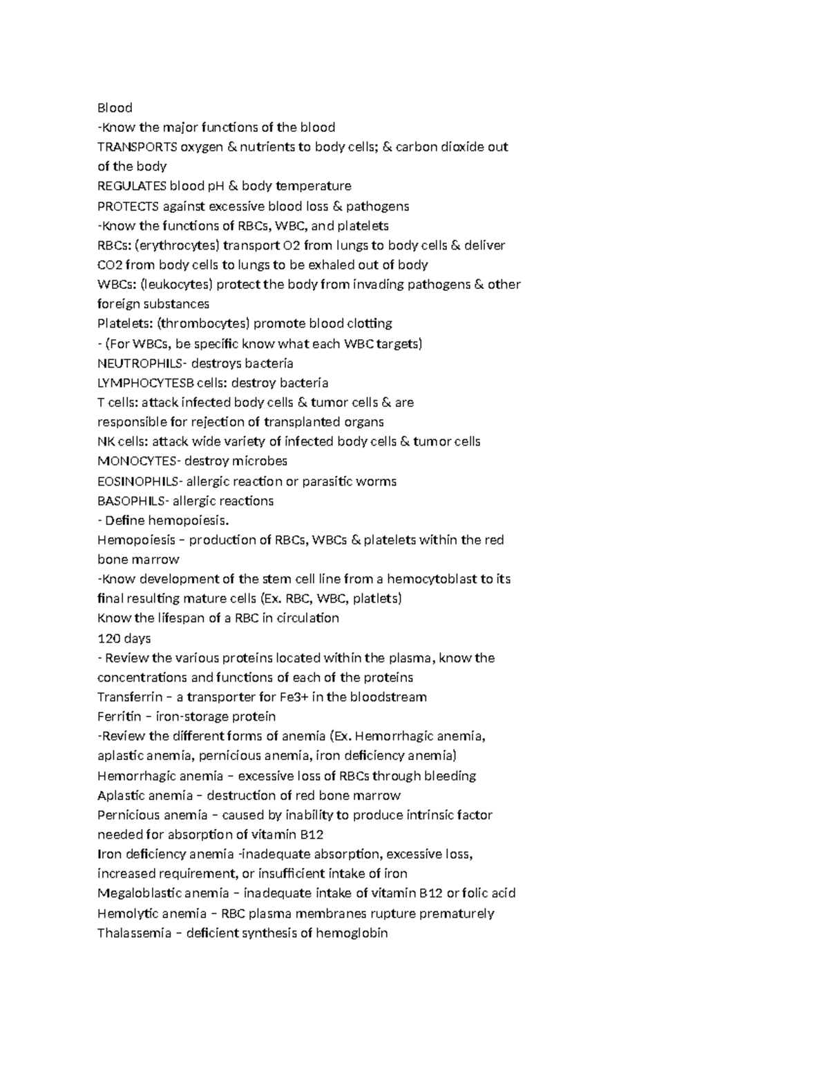 Ap2 final blood - study guide - Blood -Know the major functions of the ...