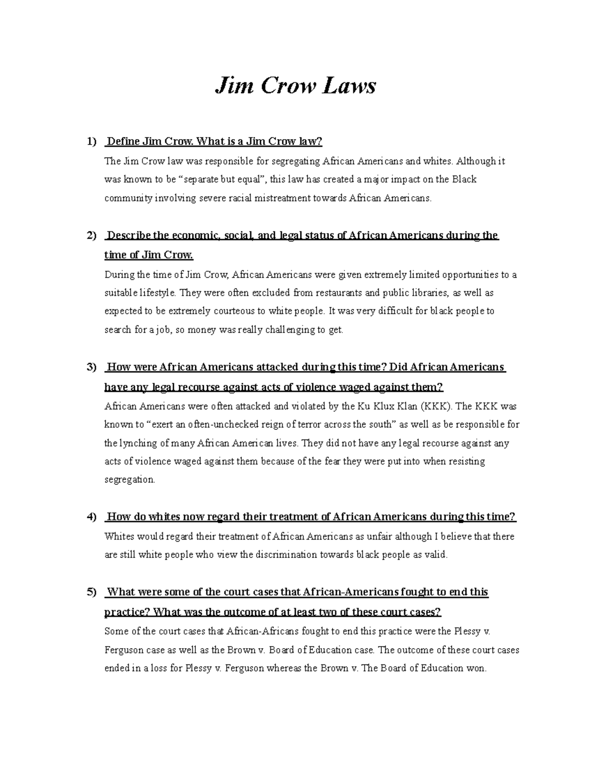 Jim Crow Laws - Notes about the introduction and implementation of the ...