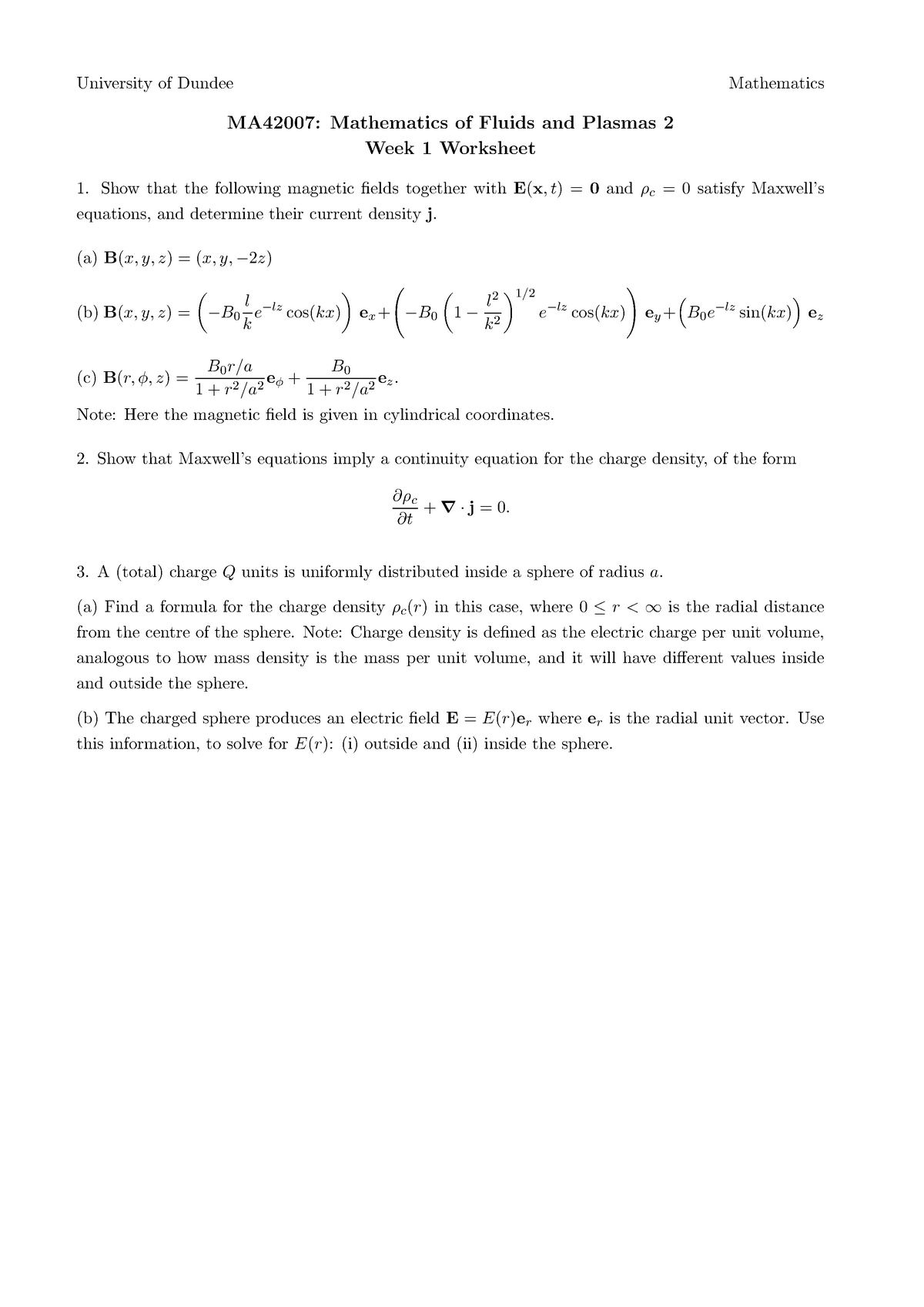 Week 1 Worksheet - wk1 sheet - University of Dundee Mathematics MA42007 ...