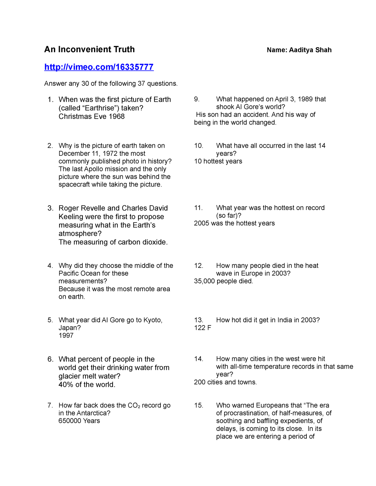 Inconvienent Truth - 22 Questions and Answers from the movie - StuDocu Throughout An Inconvenient Truth Worksheet