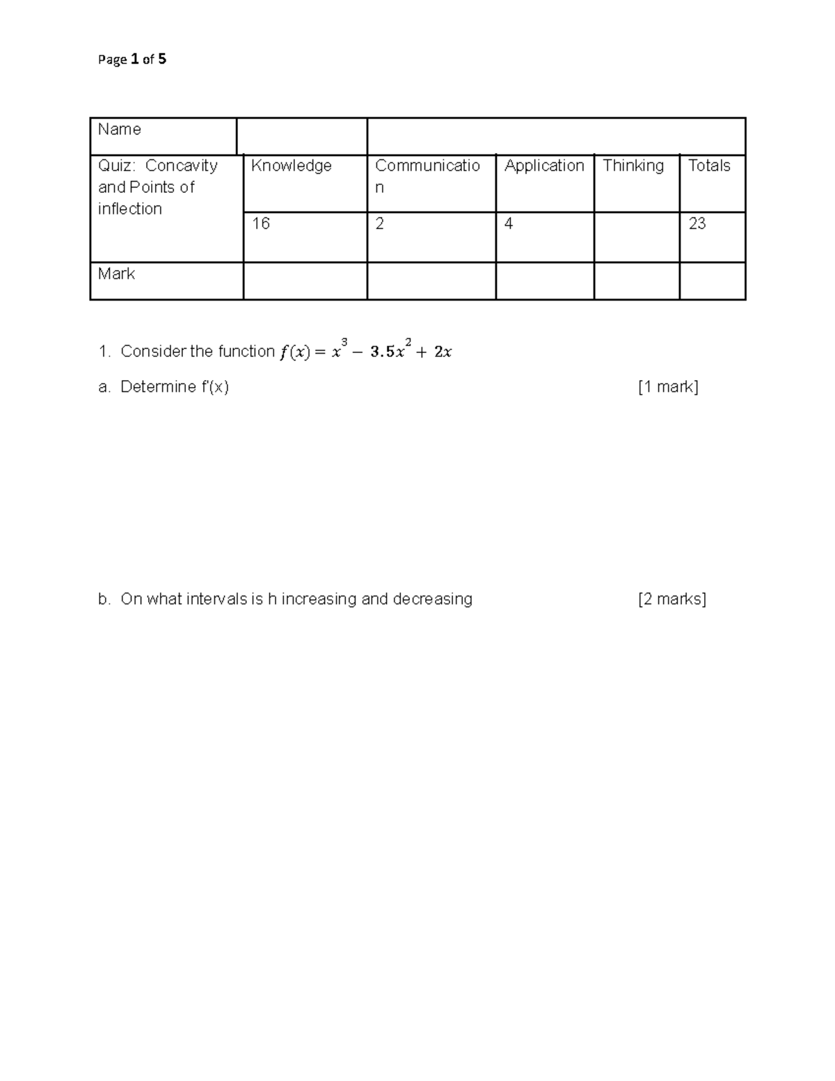 Concavity and points of inflection Name Quiz Concavity and Points of