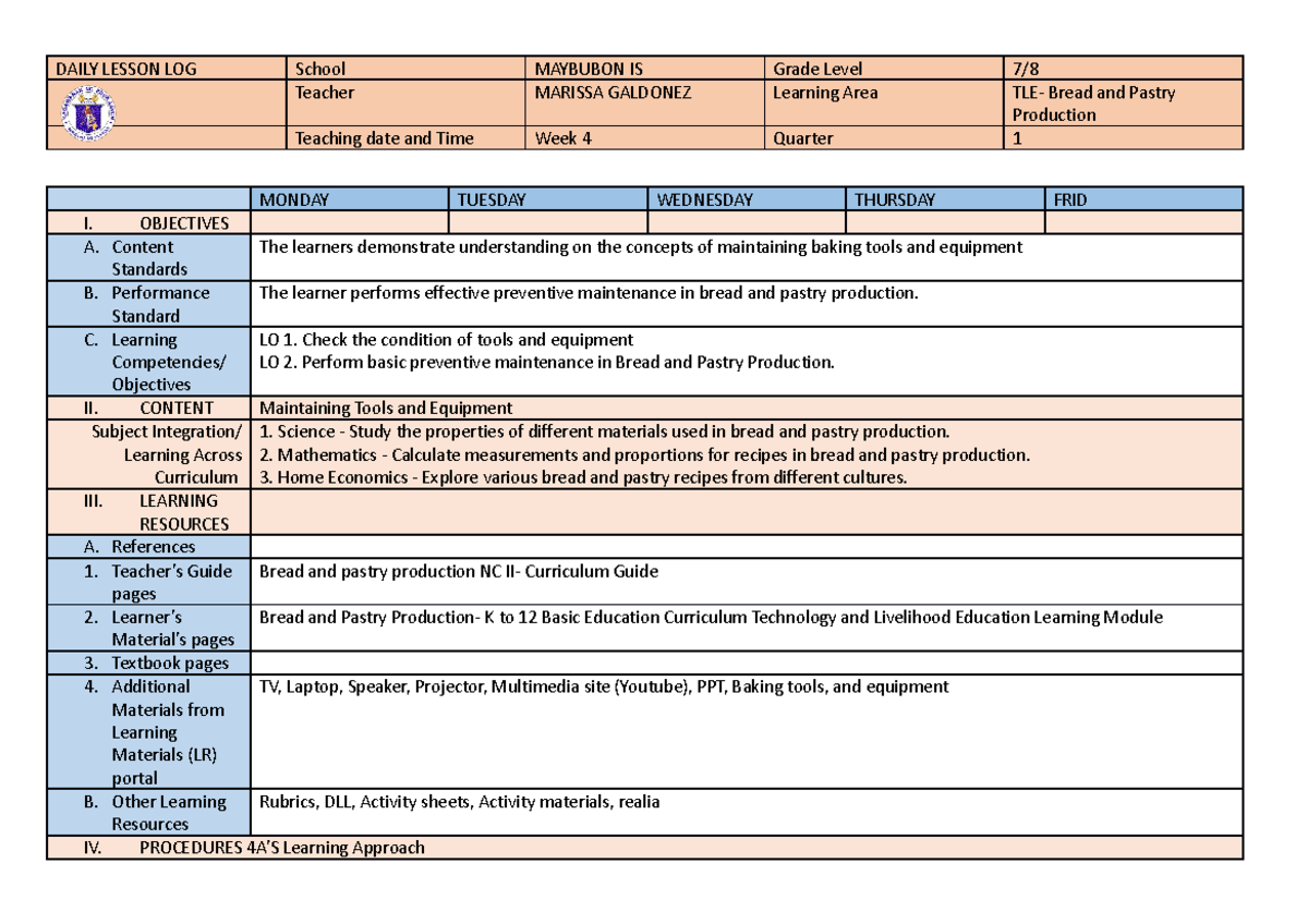 DLLbpp78 Week 4 BREAD AND PASTRY PRODUCTION DAILY LESSON LOG
