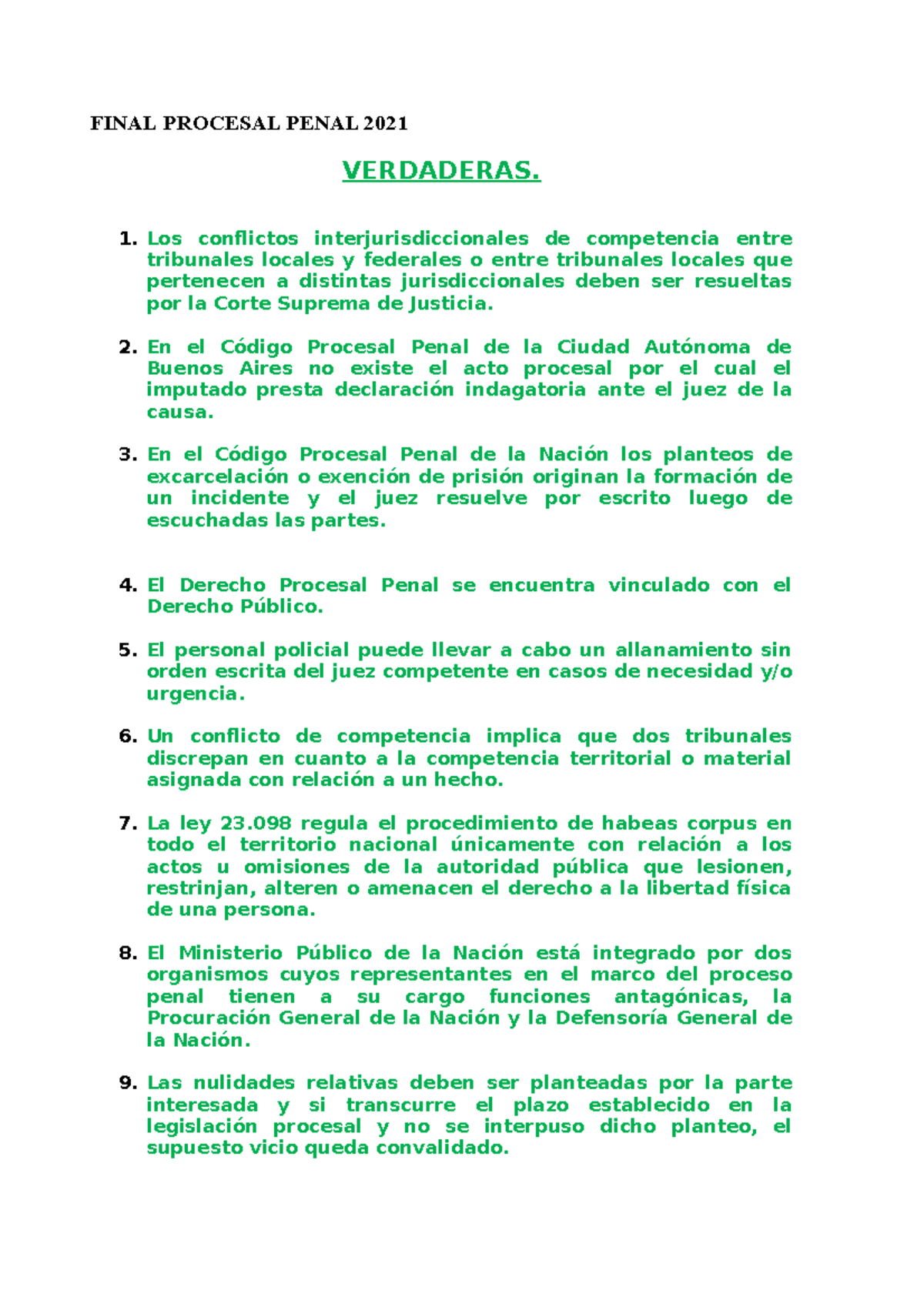 Final Procesal Penal 2021 - FINAL PROCESAL PENAL 2021 VERDADERAS. Los ...