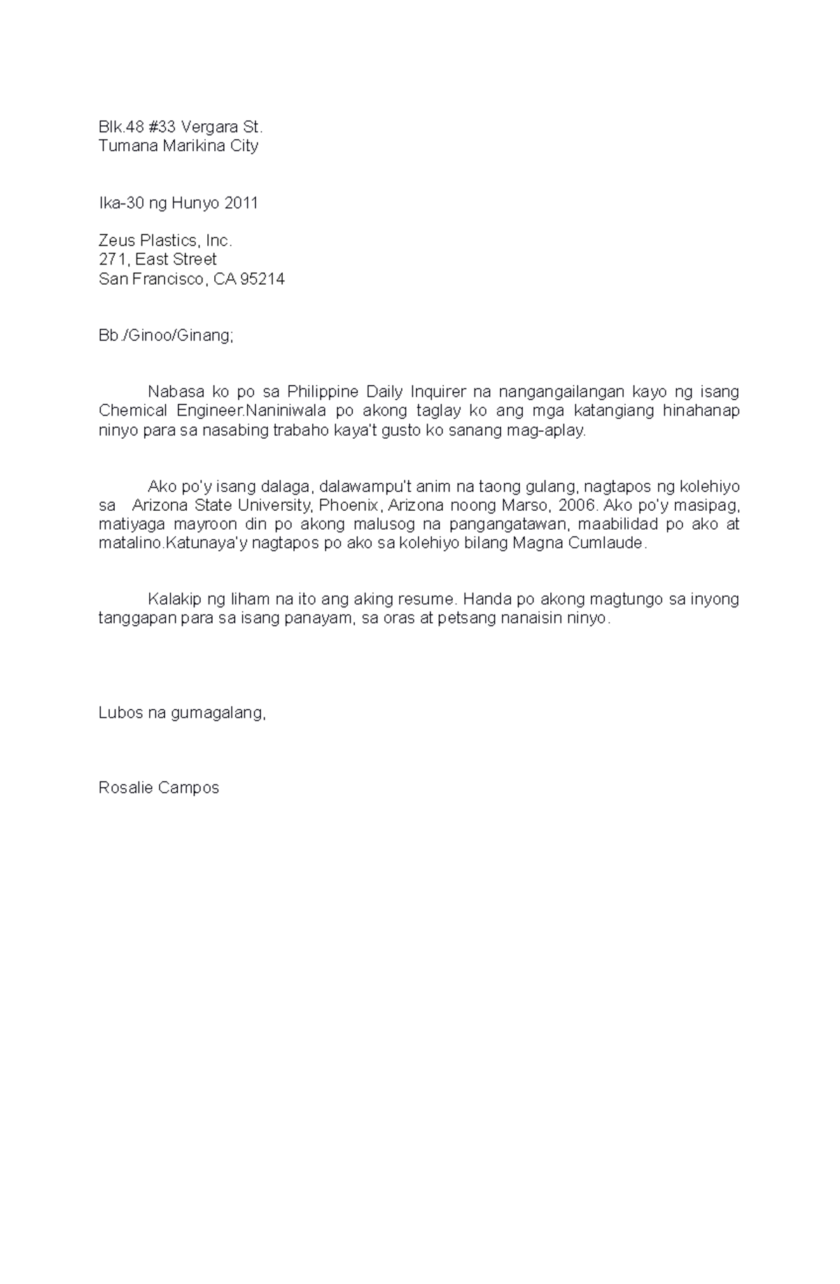 Application Letter Tagalog - Blk #33 Vergara St. Tumana Marikina City ...