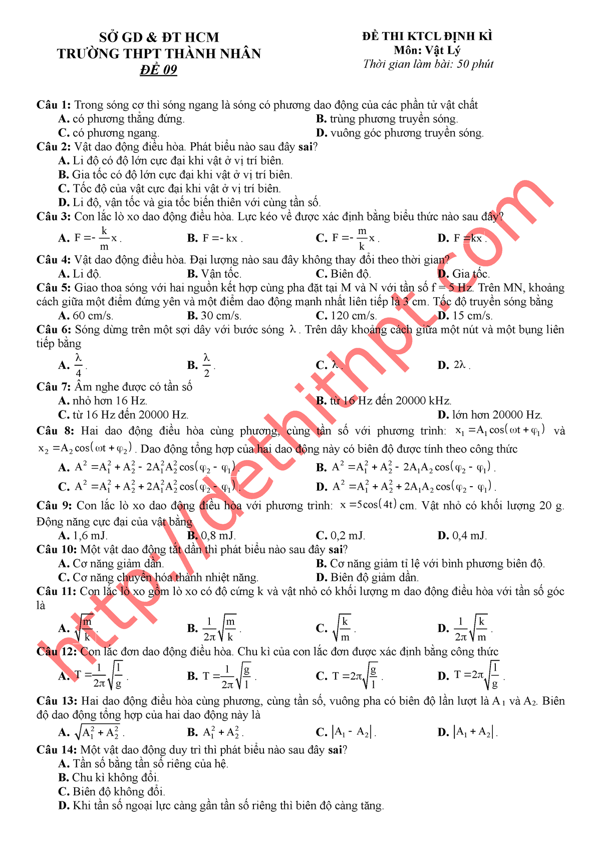 09. Đề(CƠ+SÓNG CƠ) THPT Thành Nhân HCM - SỞ GD & ĐT HCM TRƯỜNG THPT ...