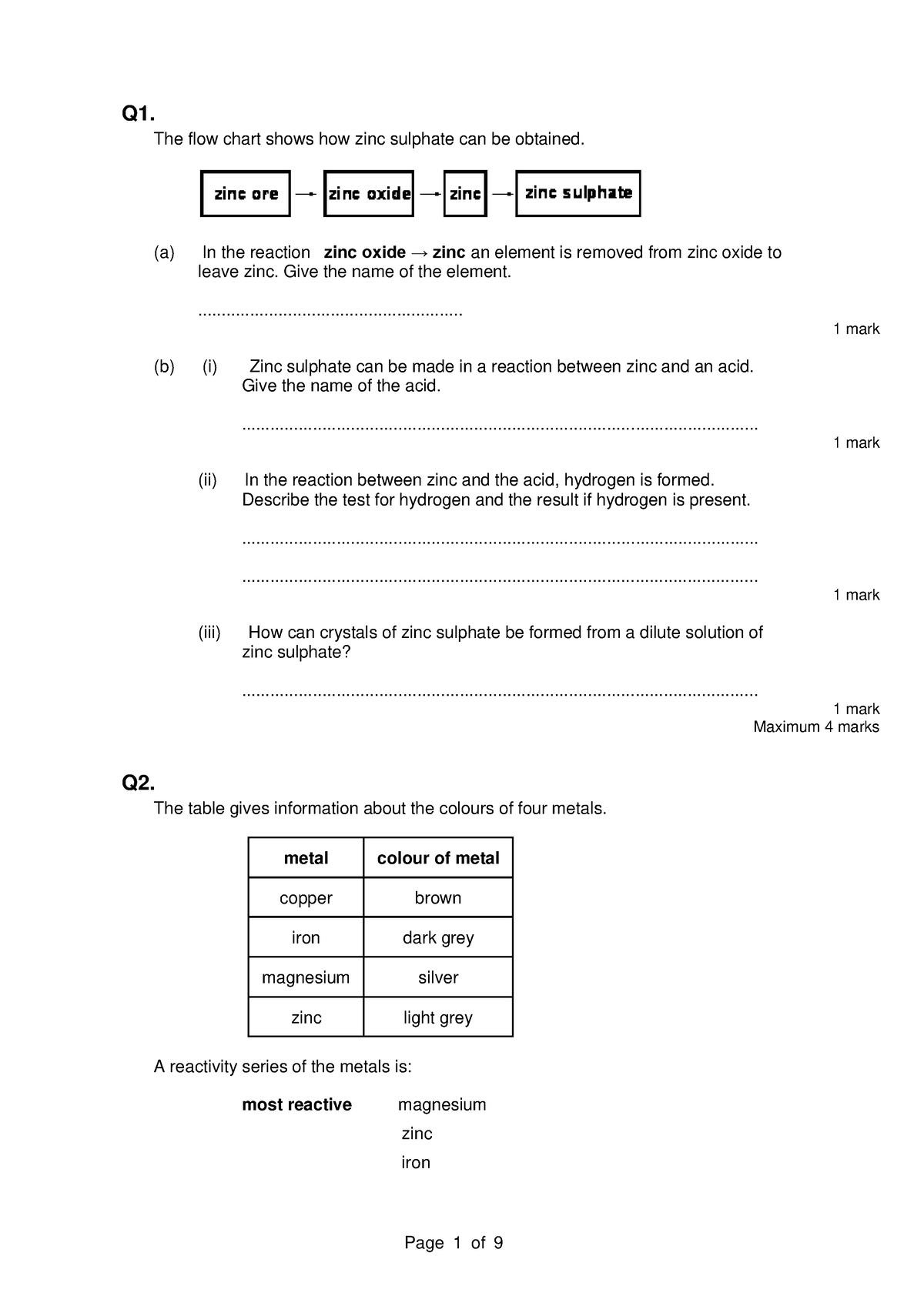 Unit 6 Exam Style Questions - Q1. The flow chart shows how zinc ...