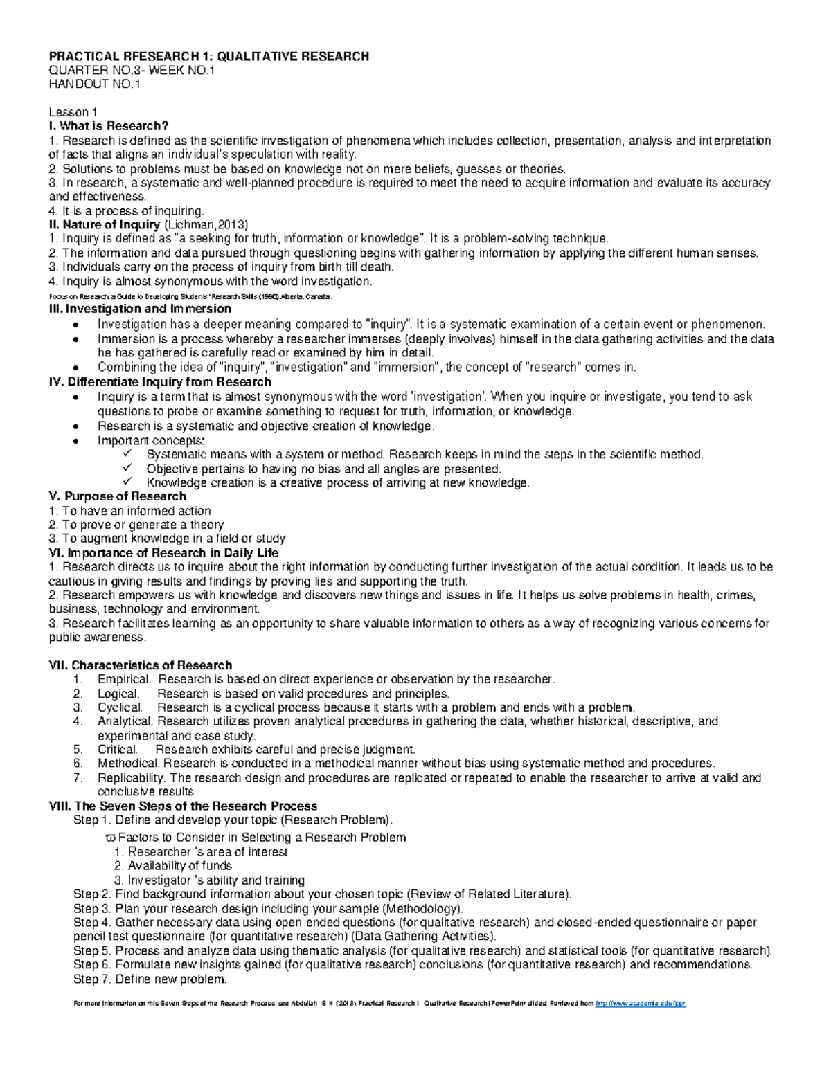 PR1 Handout NO - Hand outs - PRACTICAL RFESEARCH 1: QUALITATIVE ...