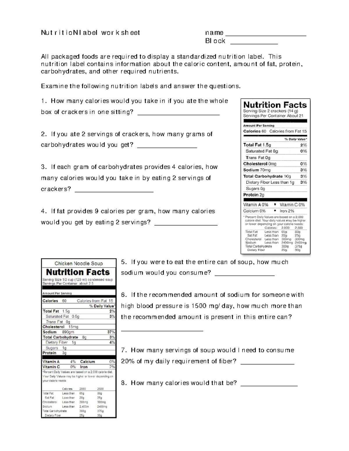 Nutrition Label Worksheet - Nu t r i t i o N l ab el wo r k sh eet n ...