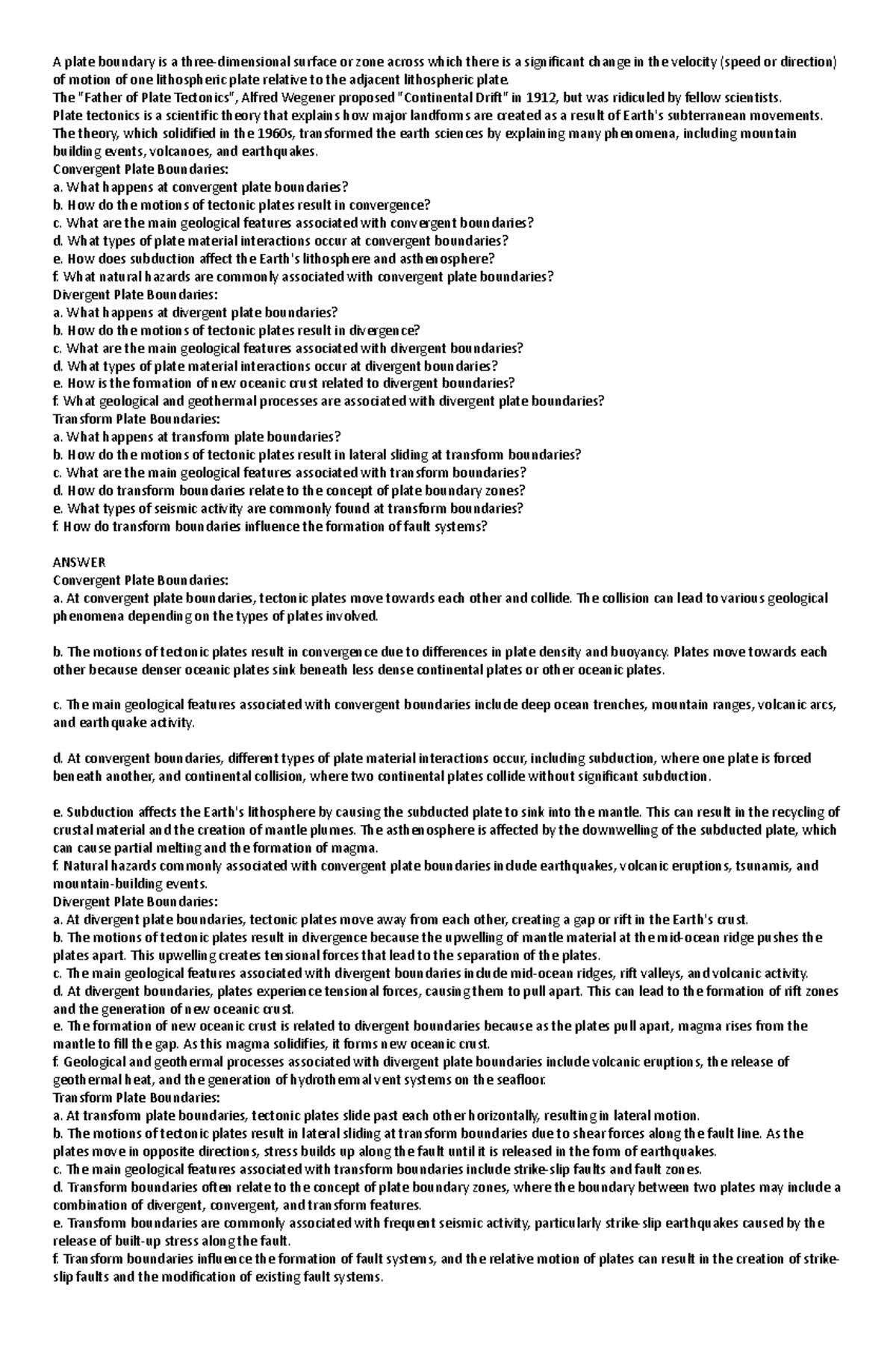 Guide Questions COT - yes - A plate boundary is a three-dimensional ...