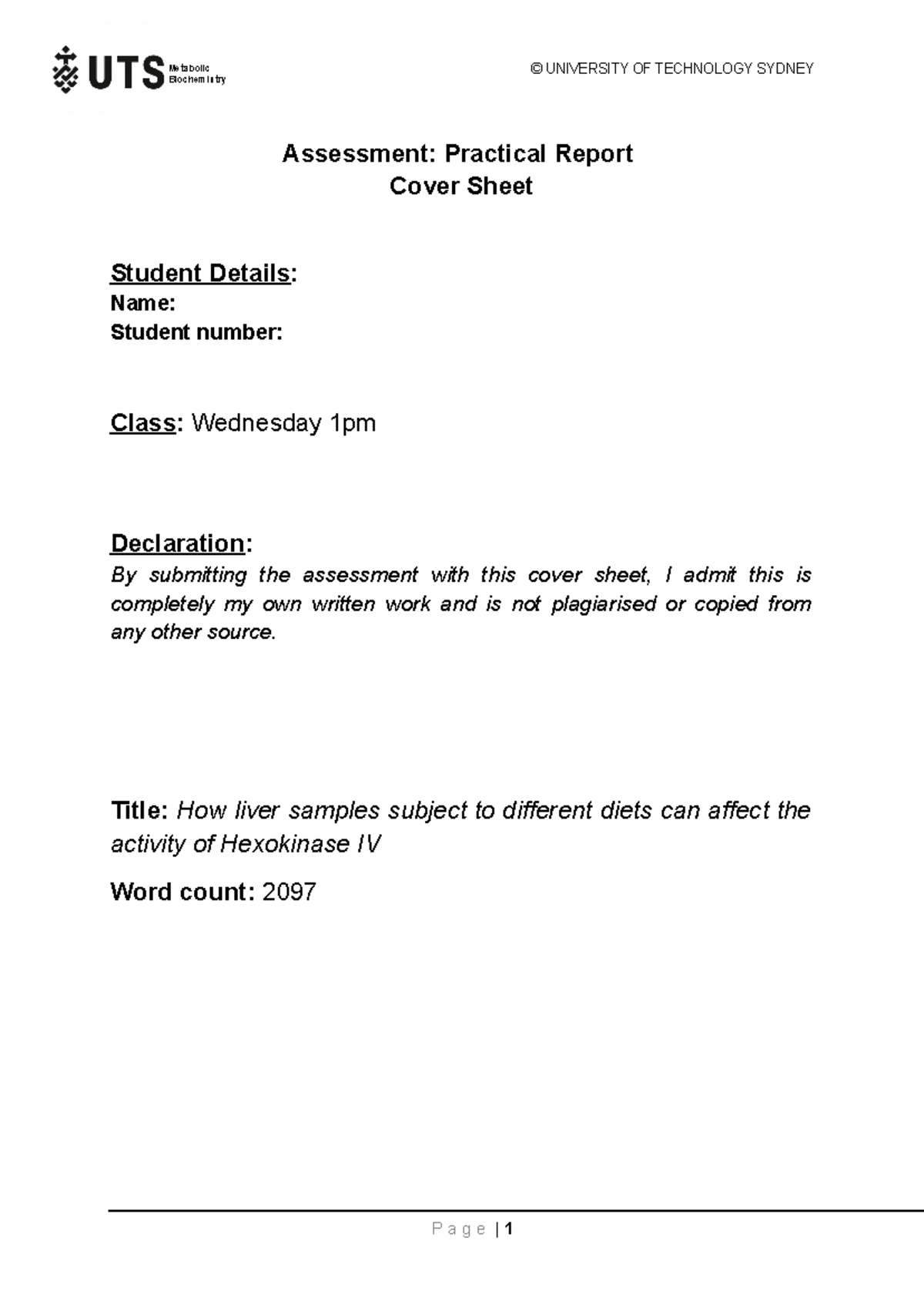 91320 Practical Report - Biochemistry © UNIVERSITY OF TECHNOLOGY SYDNEY ...